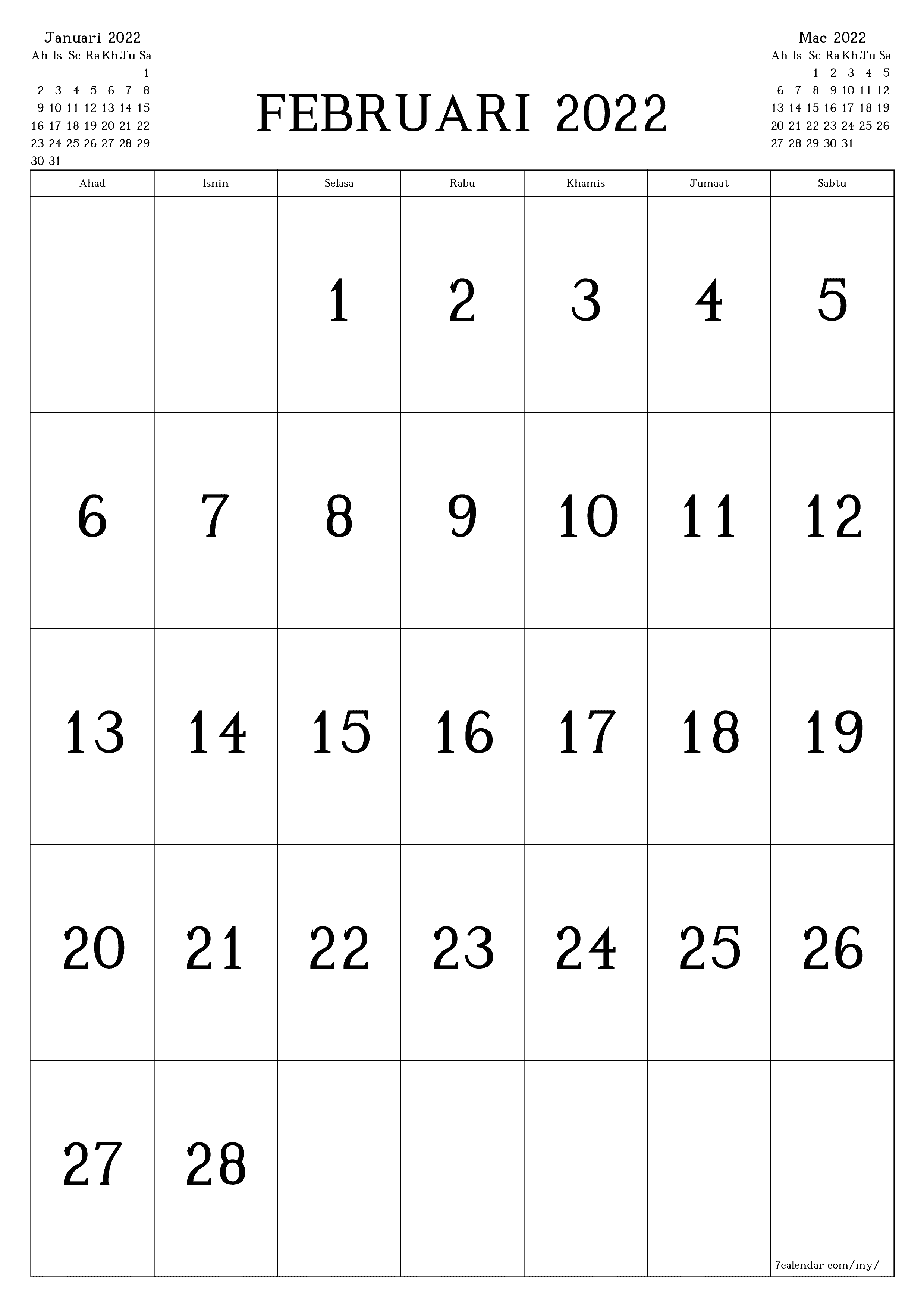 Kalendar bulanan kosong untuk bulan Februari 2022 simpan dan cetak ke PDF PNG Malay - 7calendar.com
