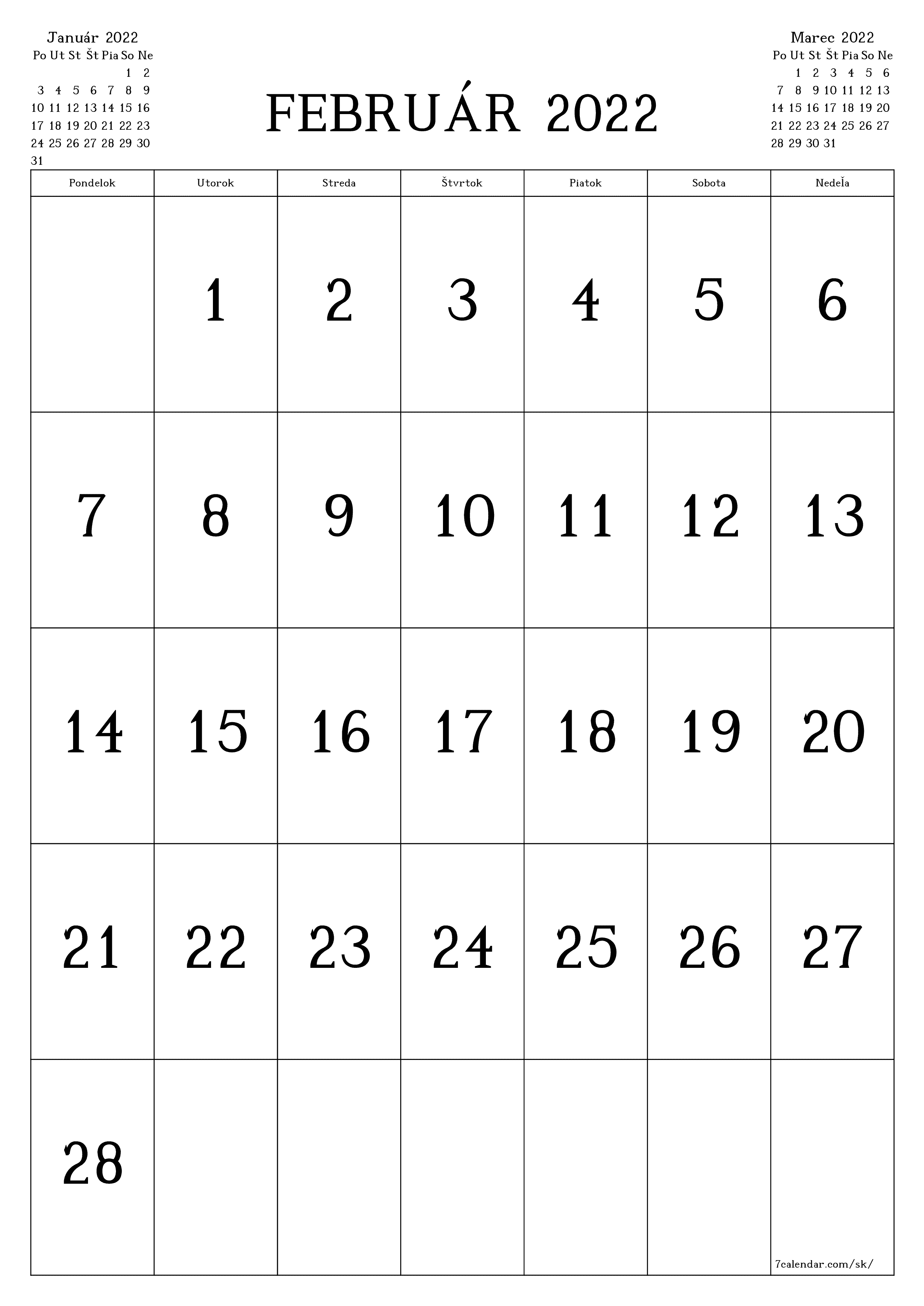 Prázdny mesačný kalendár na mesiac Február 2022 ukladať a tlačiť do PDF PNG Slovak - 7calendar.com