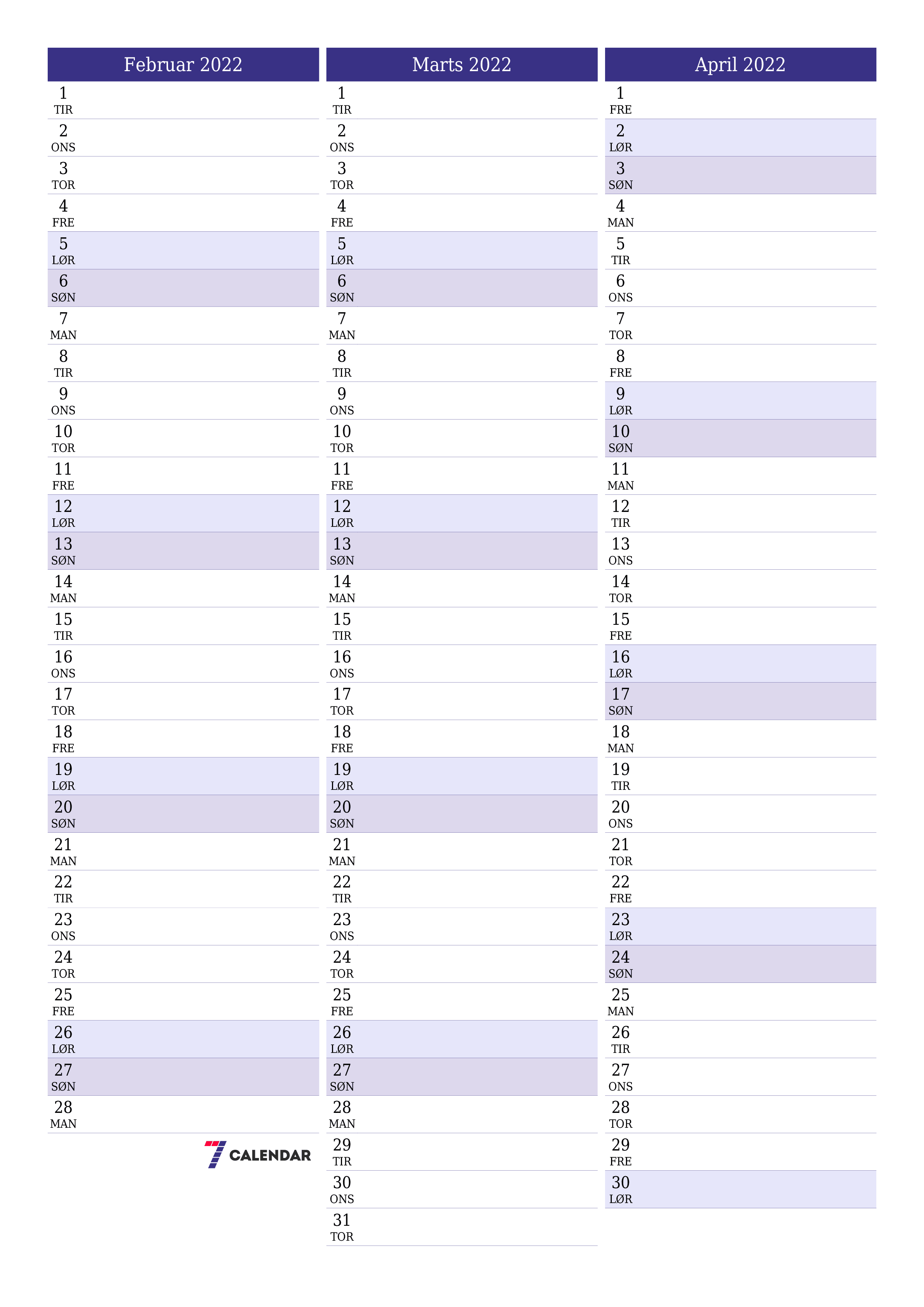 udskrivbar væg skabelon gratis lodret Månedlig planlægger kalender Februar (Feb) 2022