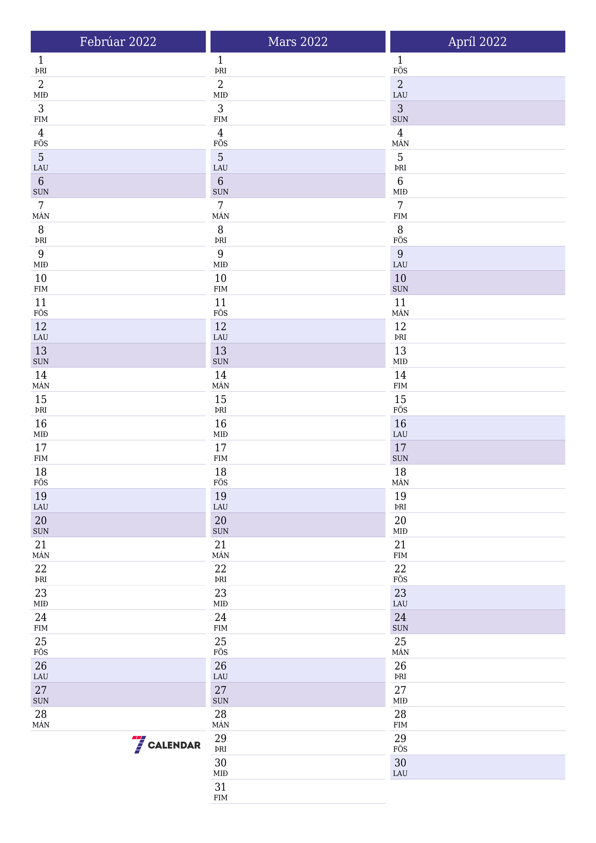 Tómur mánaðarlegur skipuleggjandi fyrir mánuðinn Febrúar 2022 með athugasemdum, vista og prenta á PDF PNG Icelandic