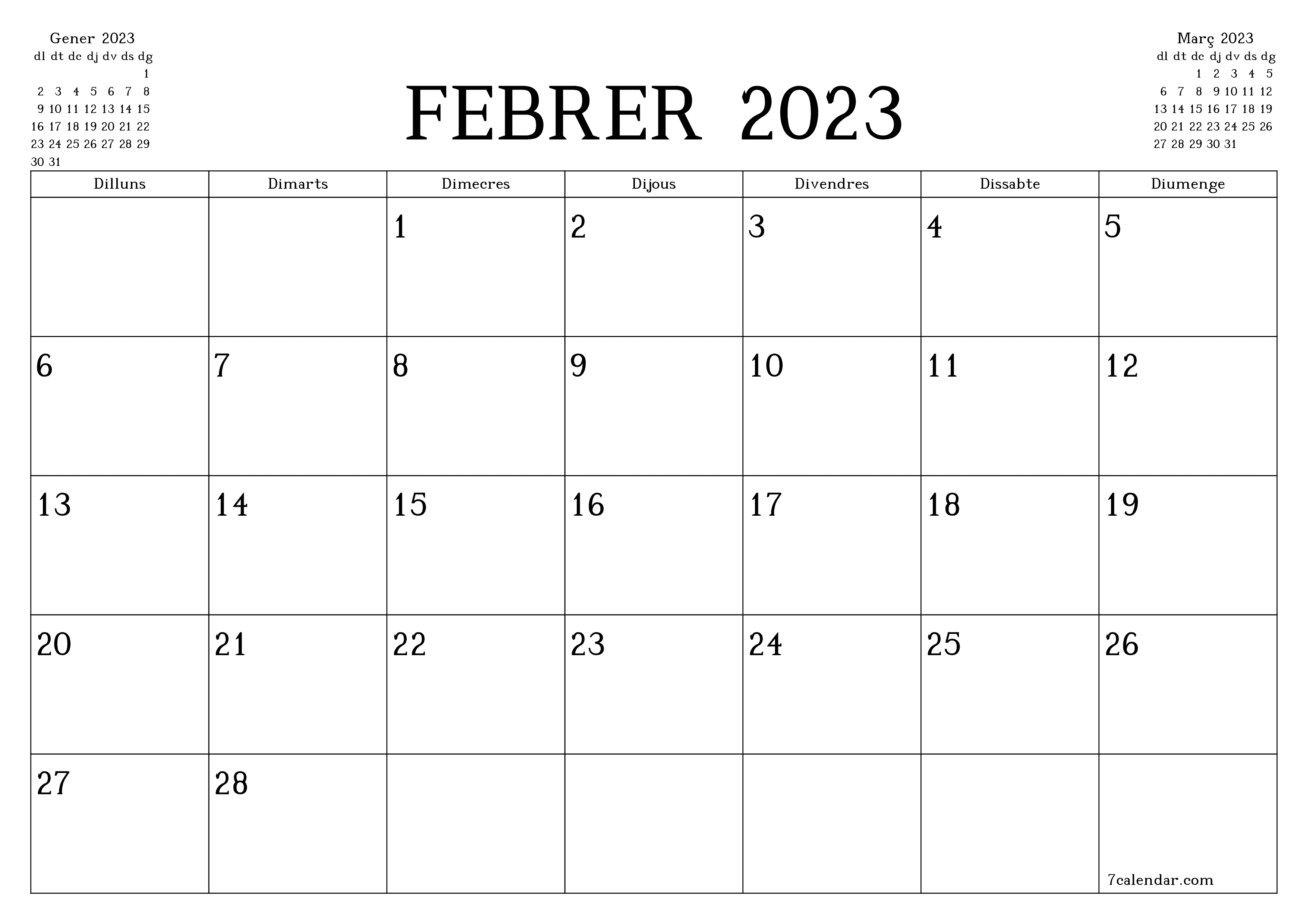  imprimible de paret plantilla de gratuïthoritzontal Mensual planificador calendari Febrer (Feb) 2023
