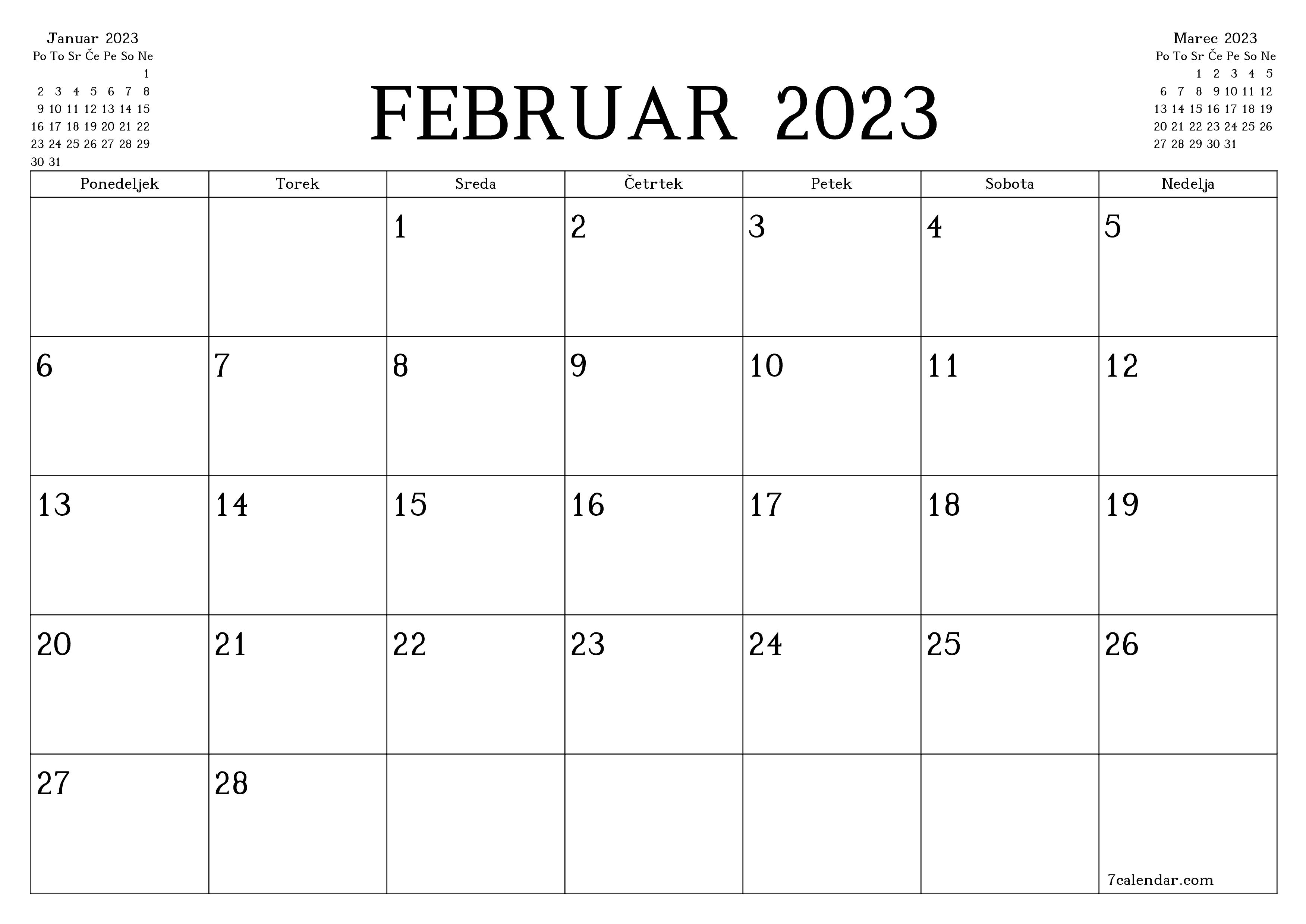 Prazen mesečni načrtovalec koledarja za mesec Februar 2023 z opombami, natisnjenimi v PDF PNG Slovenian