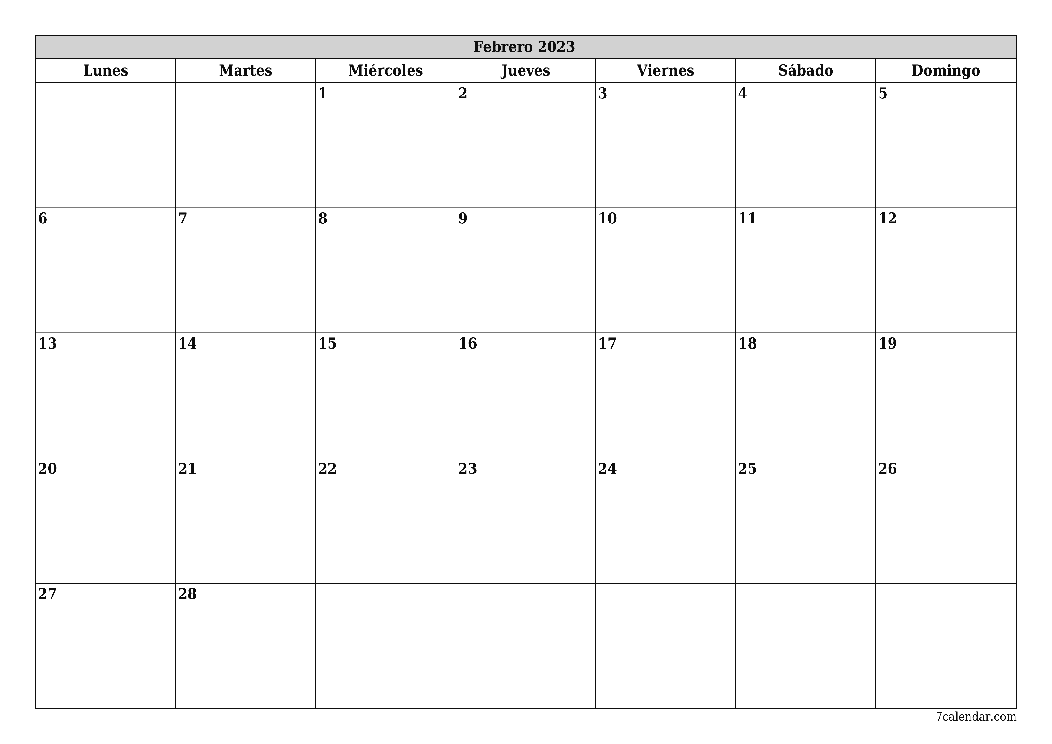 Planificador mensual vacío para el mes Febrero 2023 con notas, guardar e imprimir en PDF PNG Spanish