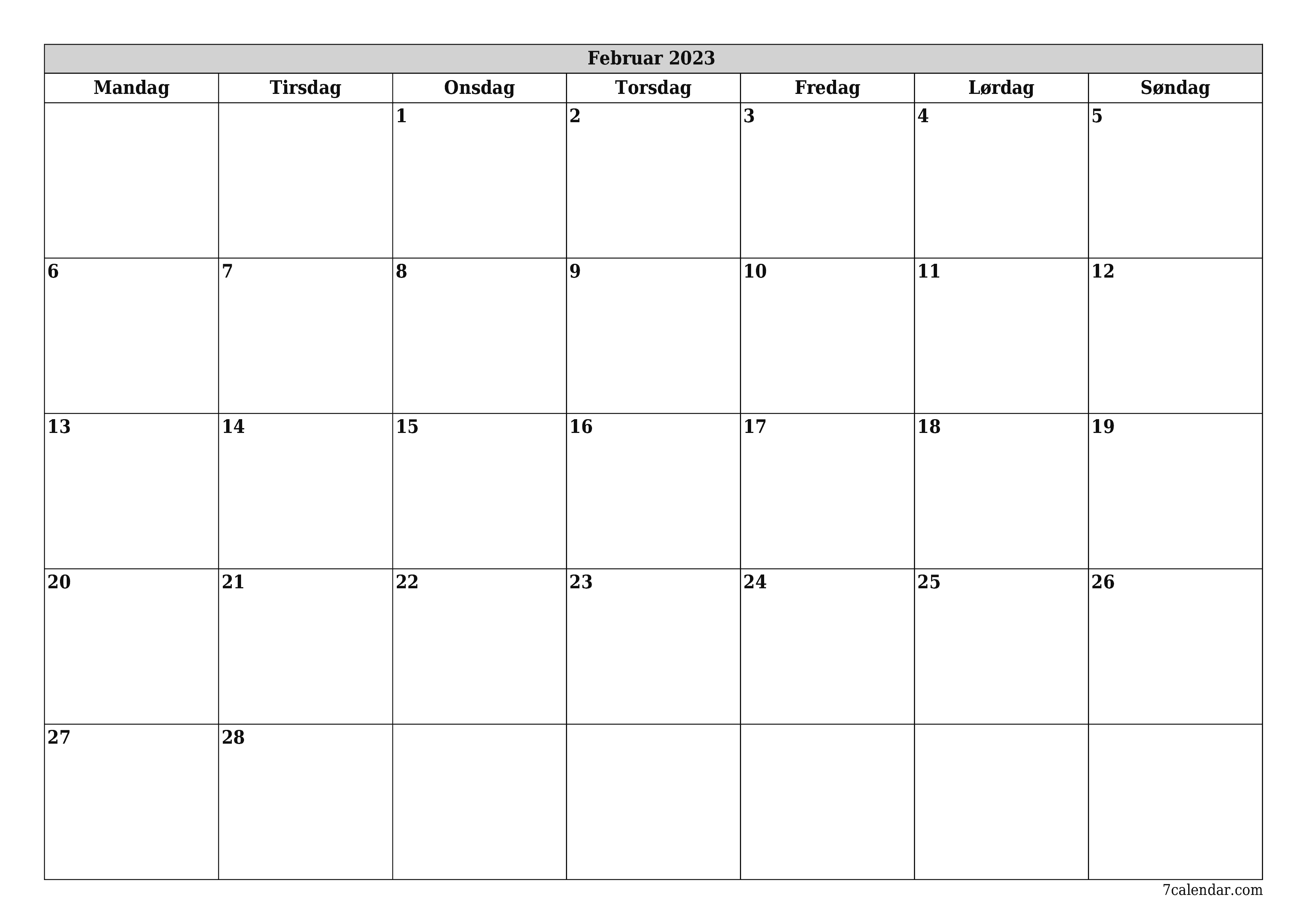 utskrivbar vegg mal gratis horisontal Månedlig planlegger kalender Februar (Feb) 2023