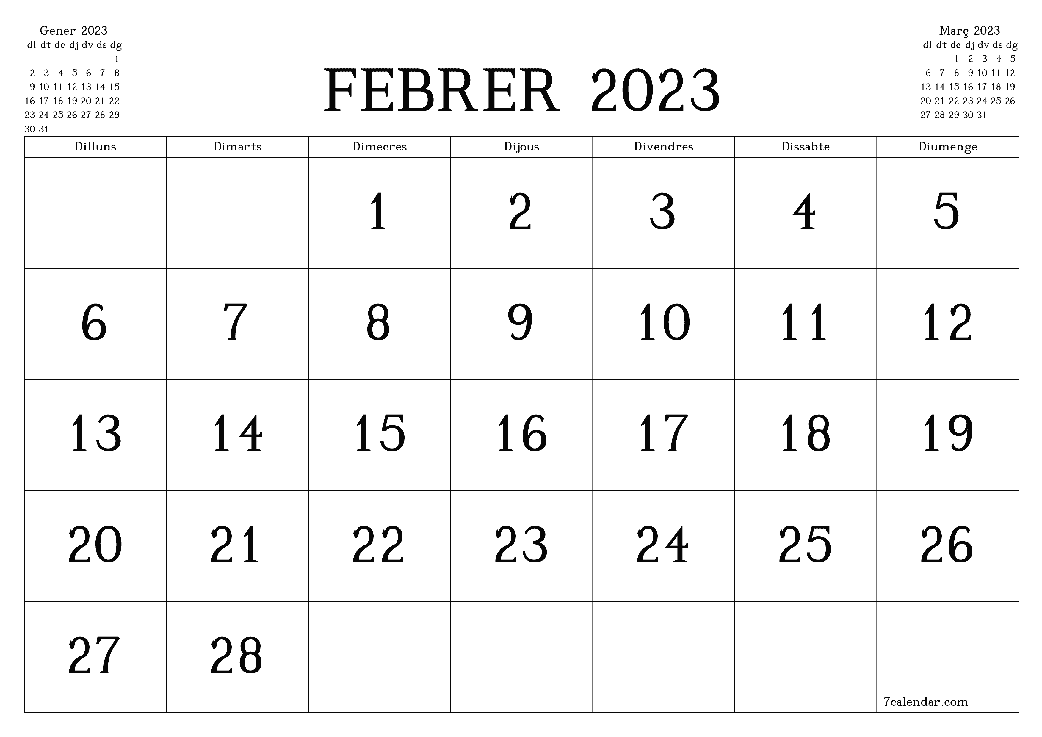Planificador mensual buit del mes Febrer 2023 amb notes, deseu-lo i imprimiu-lo en format PDF PNG Catalan