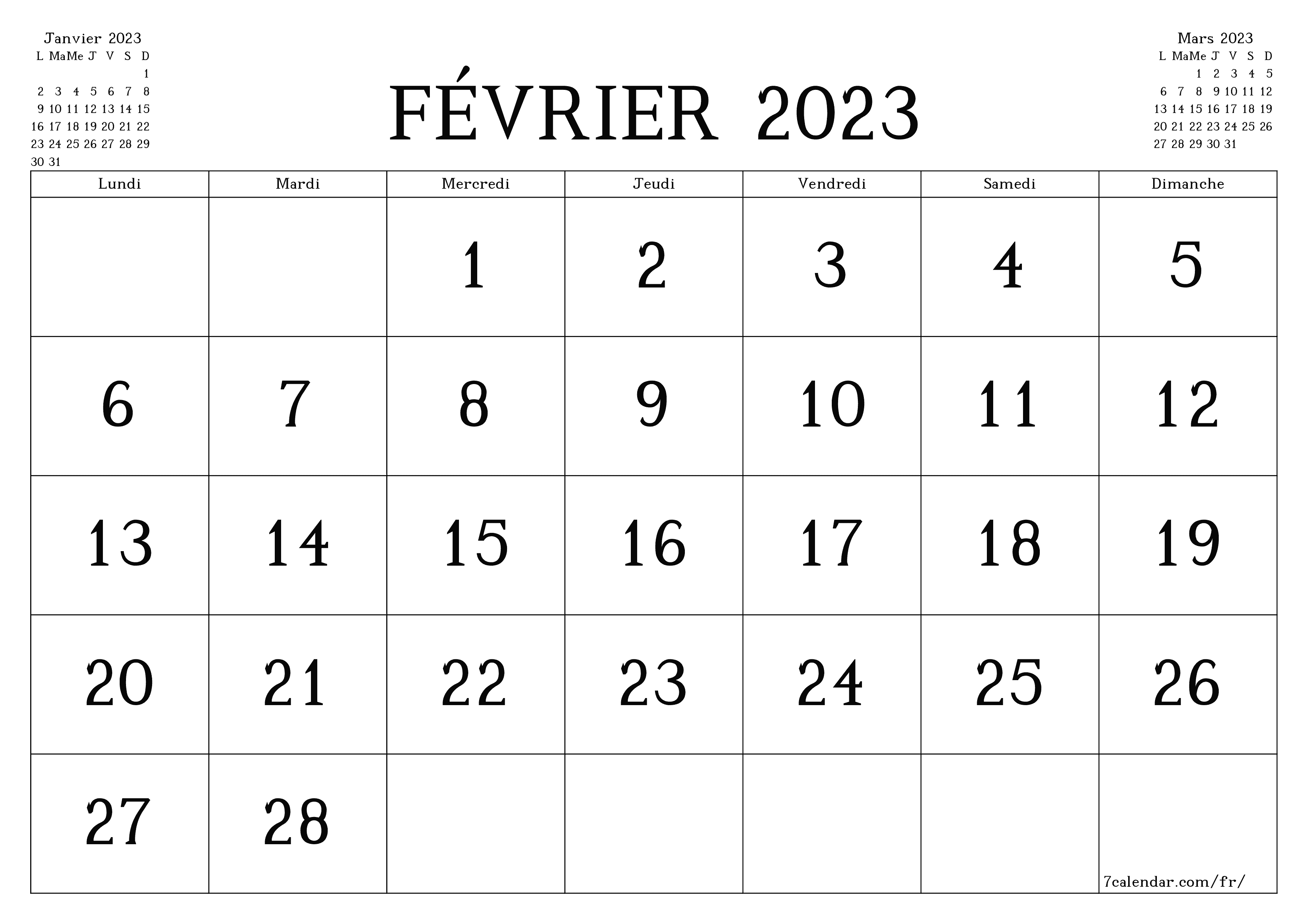 Agenda mensuel vide pour le mois Février 2023 avec notes, enregistrez et imprimez au format PDF PNG French