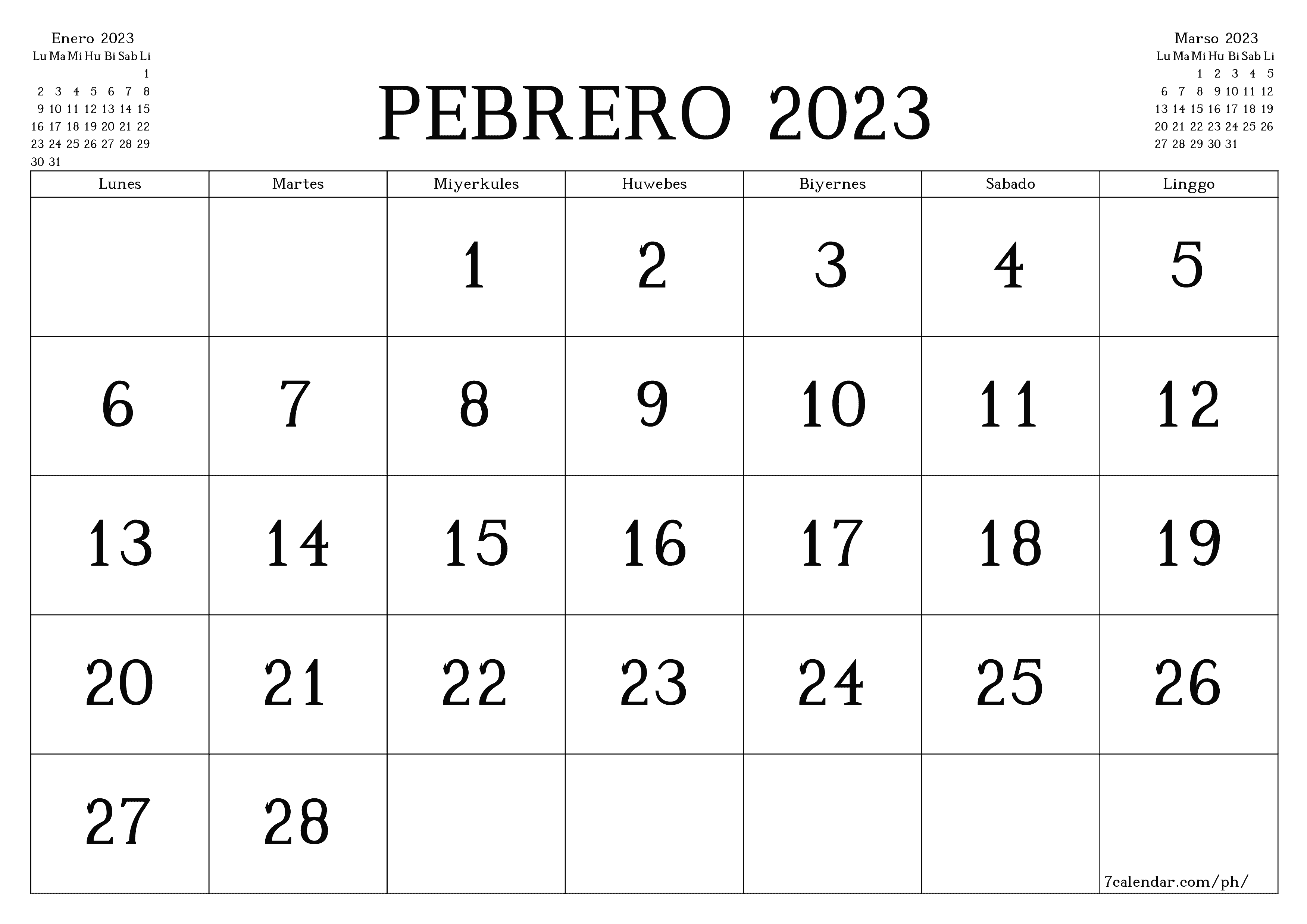 napi-print na sa dingding template ng libreng pahalang Buwanang kalendaryo Pebrero (Peb) 2023