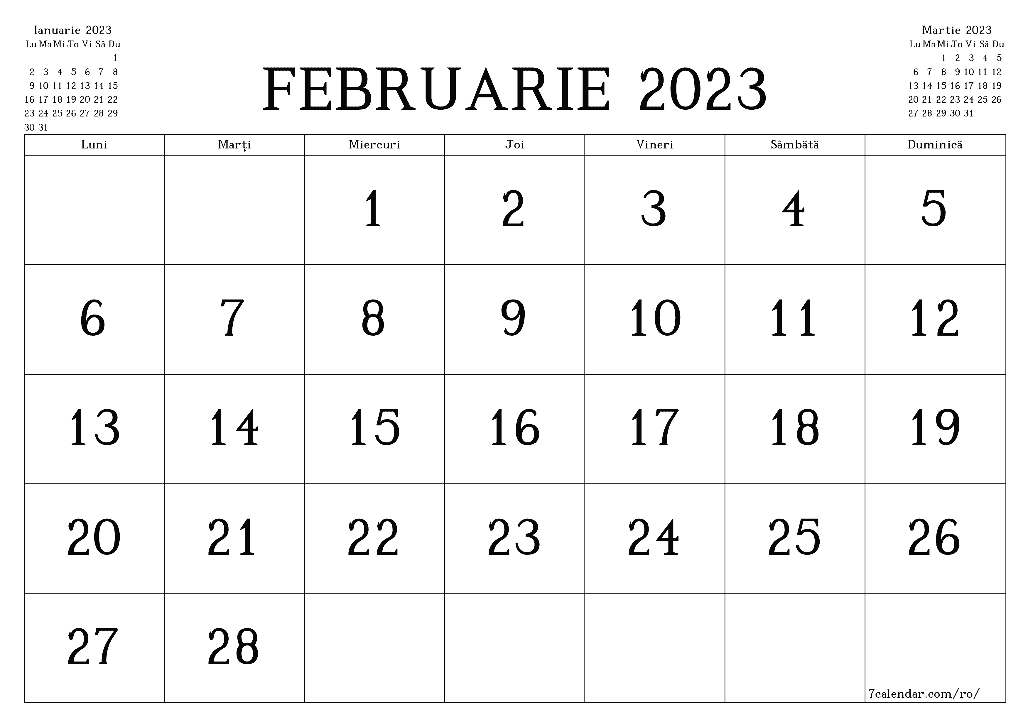Planificator lunar gol pentru luna Februarie 2023 cu note, salvați și tipăriți în PDF PNG Romanian