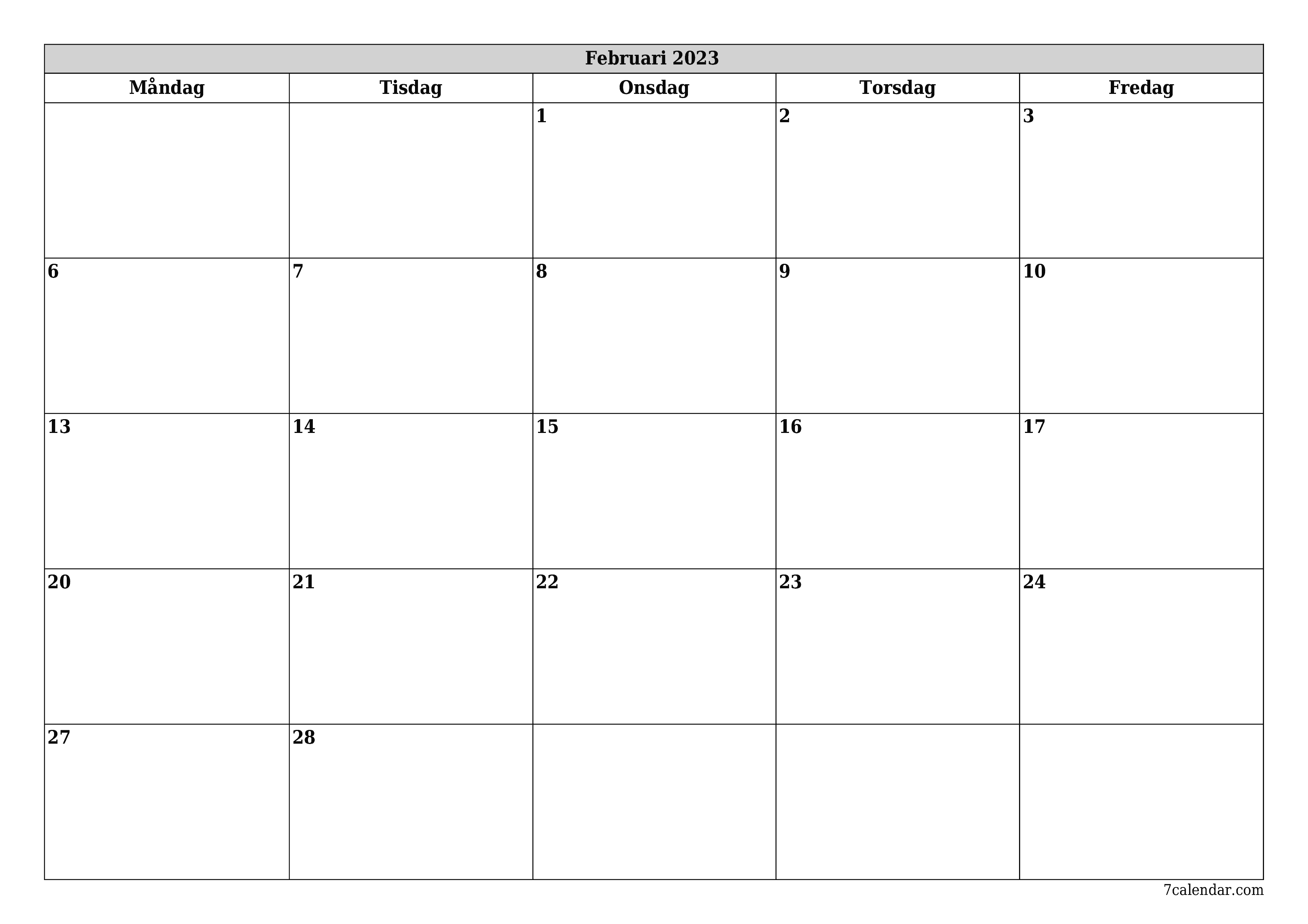utskrivbar vägg mall gratis horisontell Månatlig planerare kalender Februari (Feb) 2023