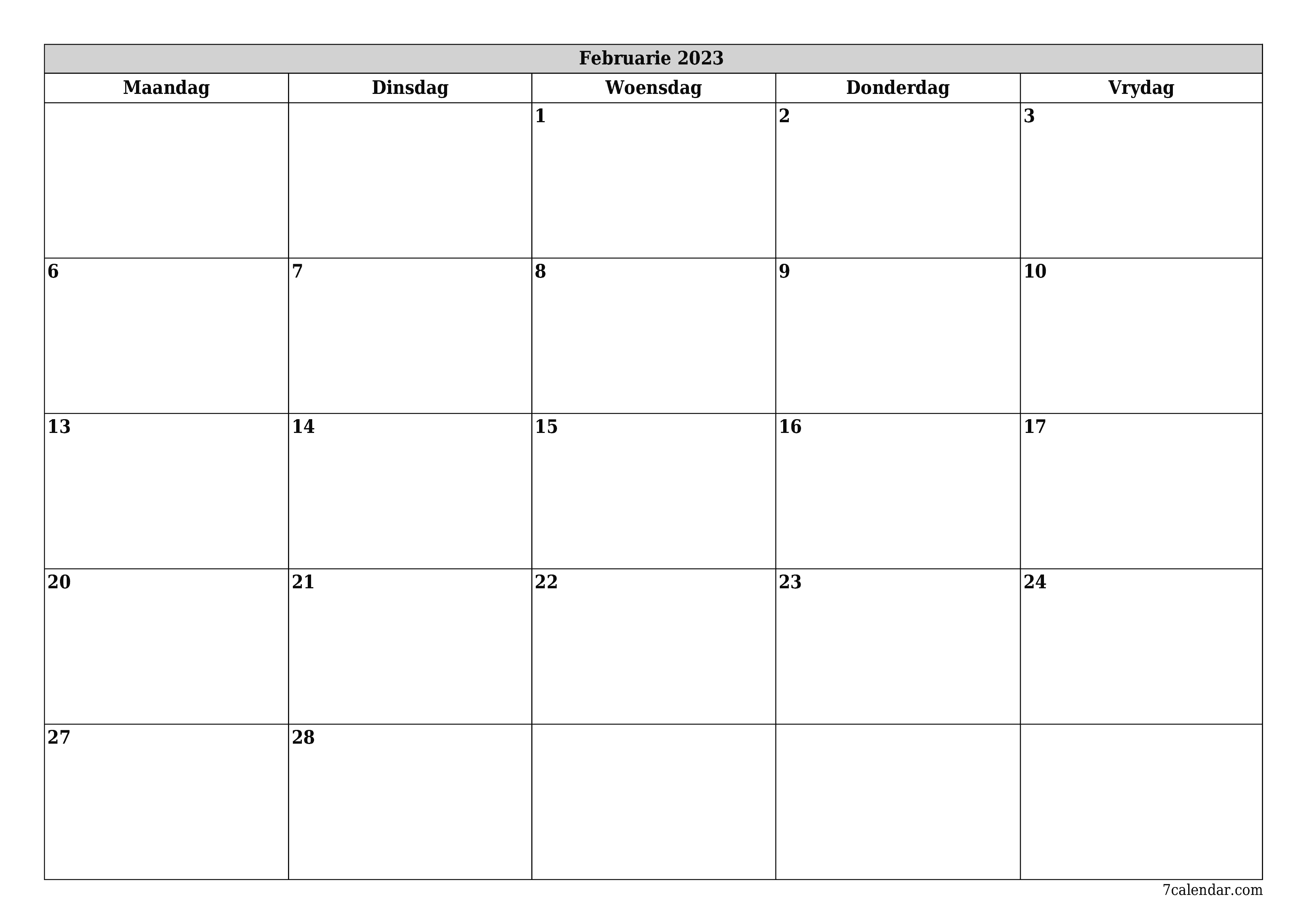 Leë maandelikse drukbare kalender en beplanner vir maand Februarie 2023 met notas stoor en druk na PDF PNG Afrikaans