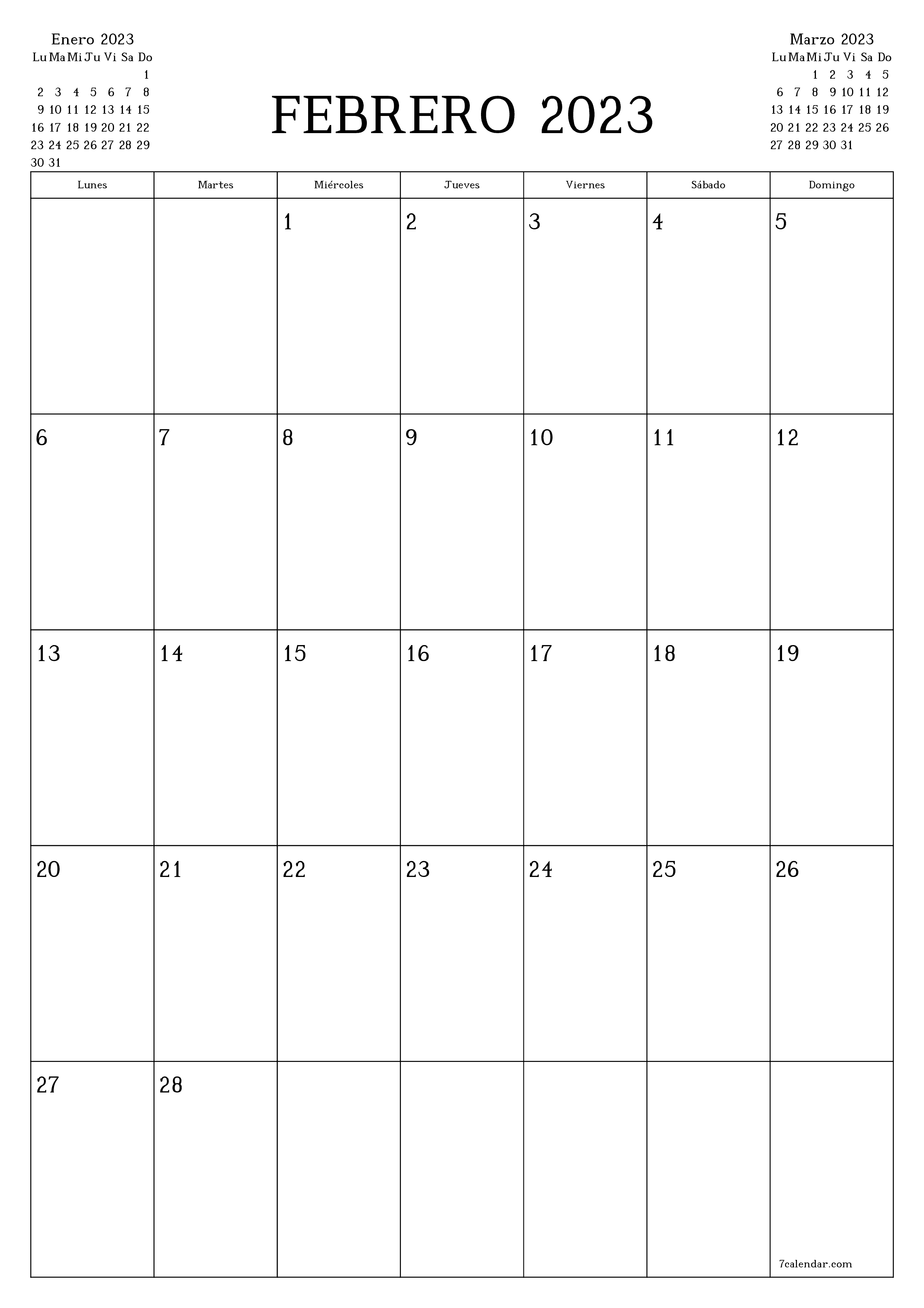  imprimible de pared plantilla de gratisvertical Mensual planificador calendario Febrero (Feb) 2023