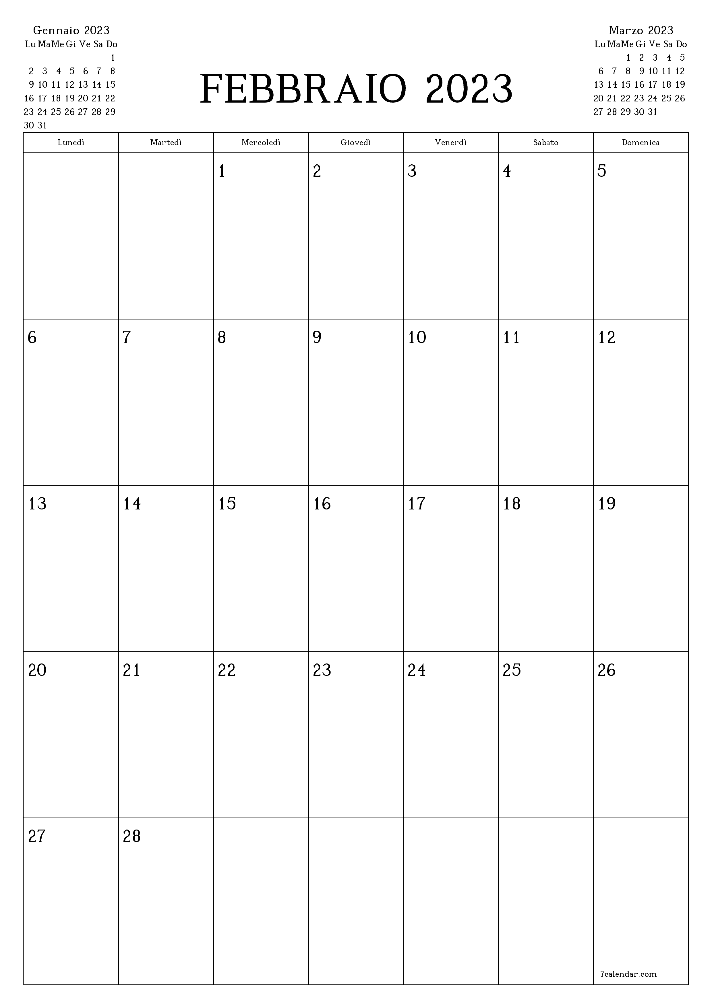  stampabile da parete modello di gratuitoverticale Mensile pianificatore calendario Febbraio (Feb) 2023