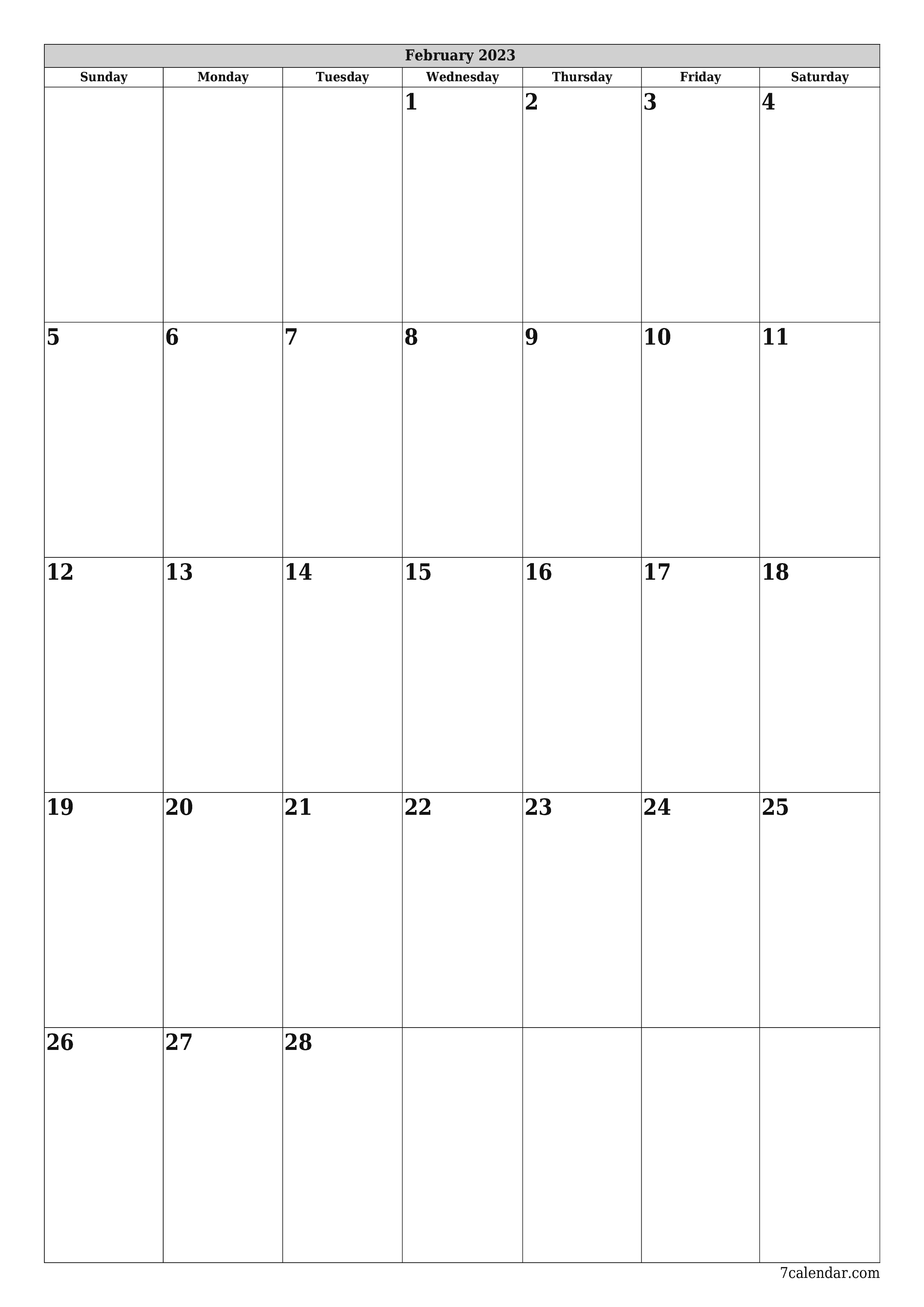 Blank calendar February 2023
