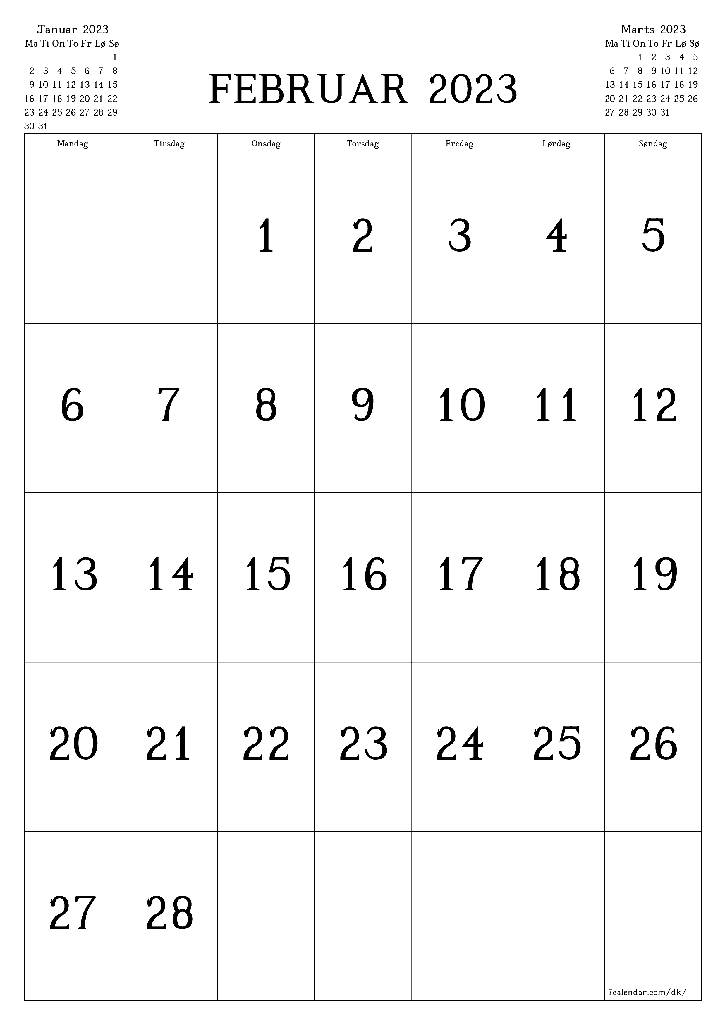 udskrivbar væg skabelon gratis lodret Månedlig kalender Februar (Feb) 2023
