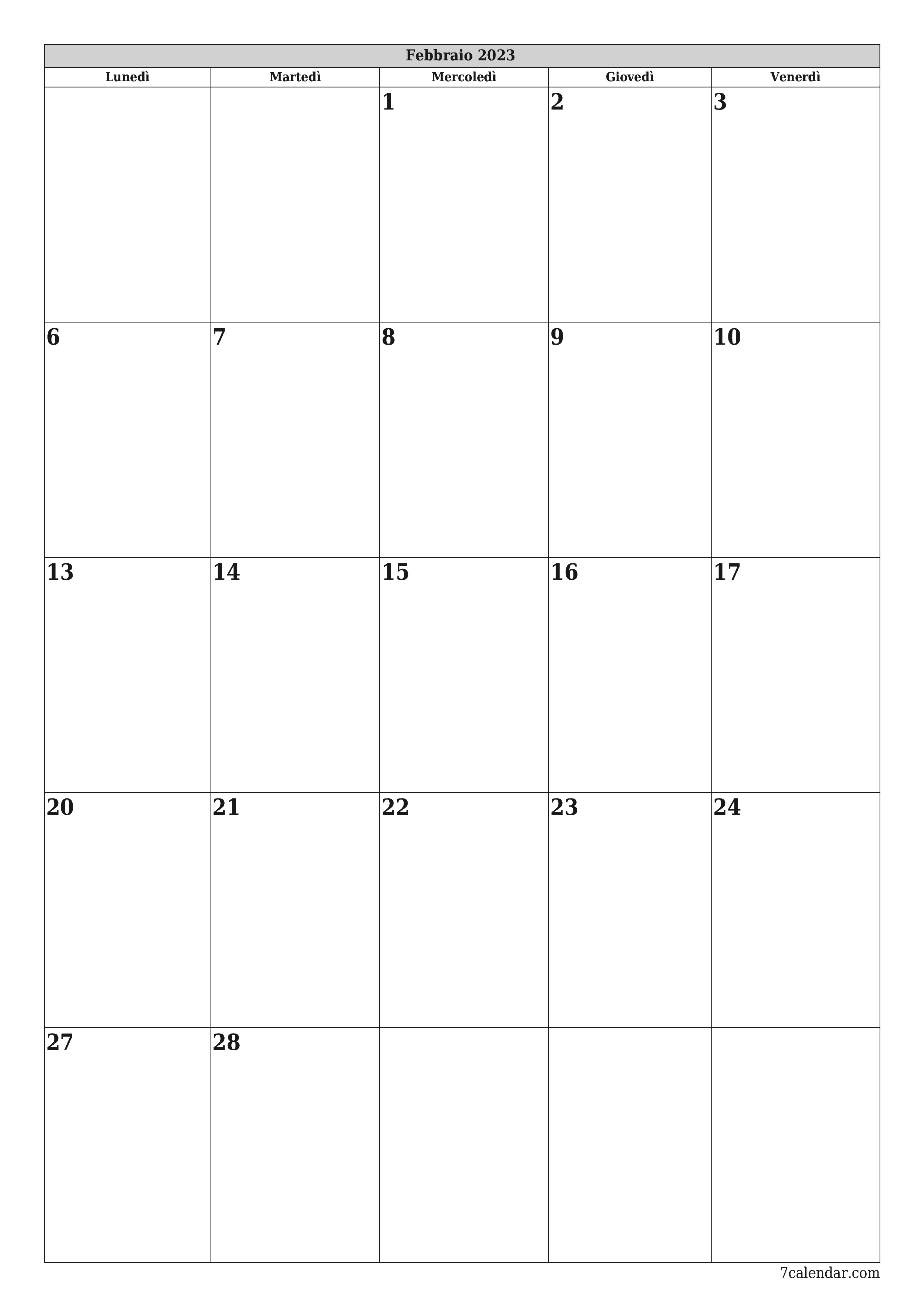  stampabile da parete modello di gratuitoverticale Mensile pianificatore calendario Febbraio (Feb) 2023