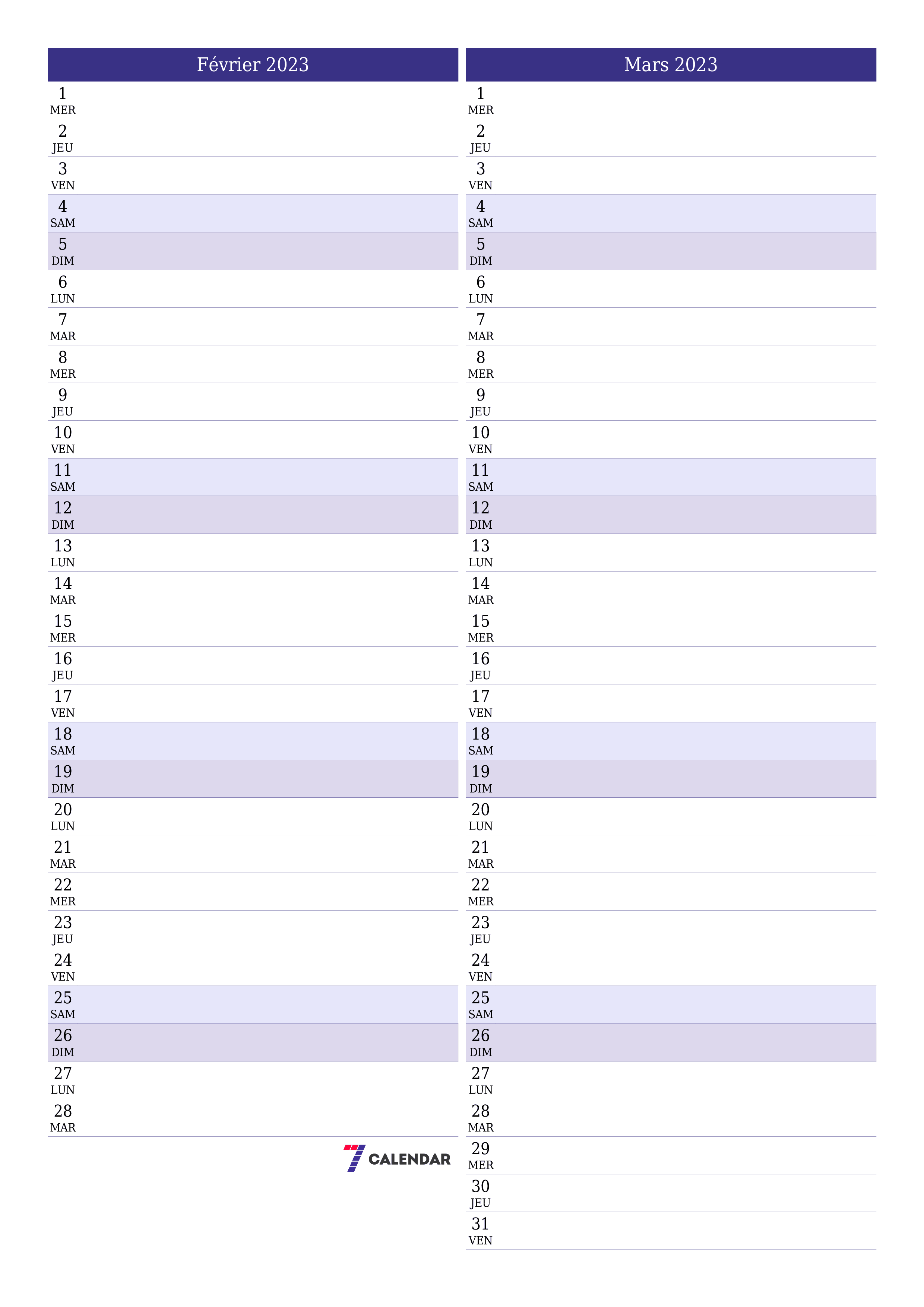 Agenda mensuel vide pour le mois Février 2023 avec notes, enregistrez et imprimez au format PDF PNG French