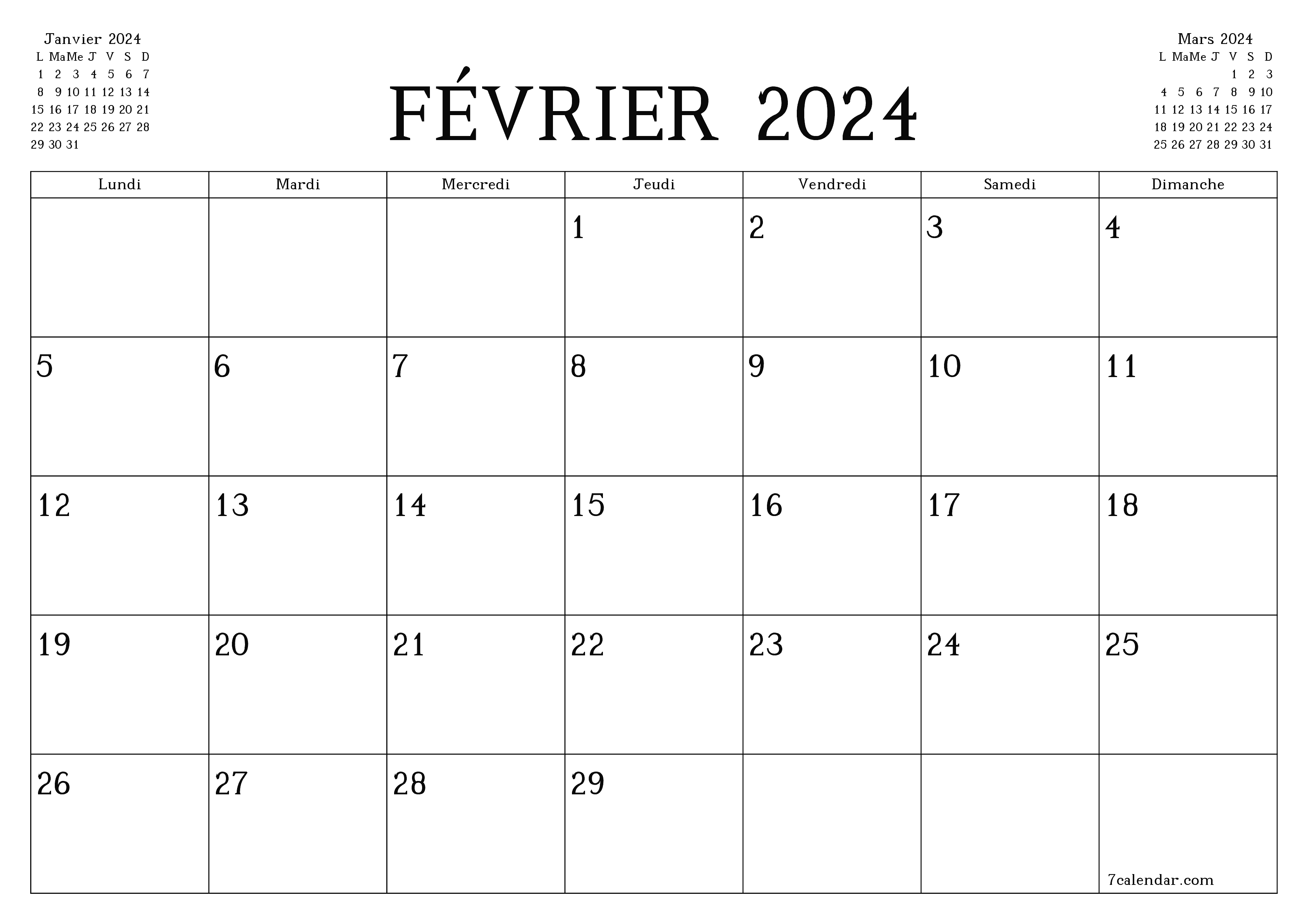 Agenda mensuel vide pour le mois Février 2024 avec notes, enregistrez et imprimez au format PDF PNG French