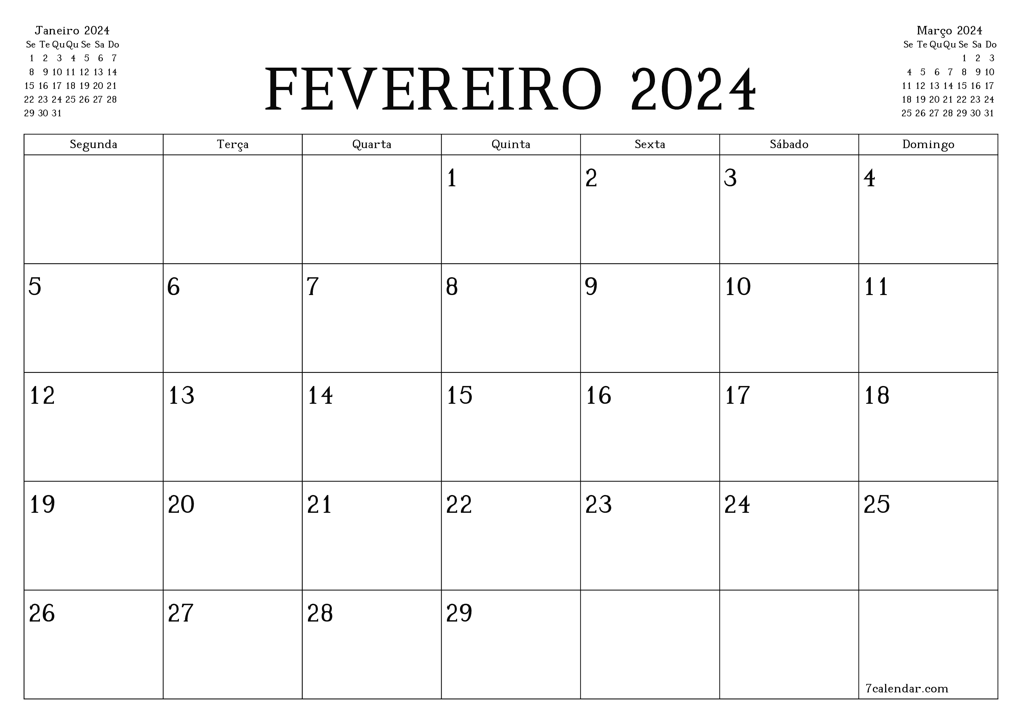 Esvazie o planejador mensal para o mês Fevereiro 2024 com notas, salve e imprima em PDF PNG Portuguese