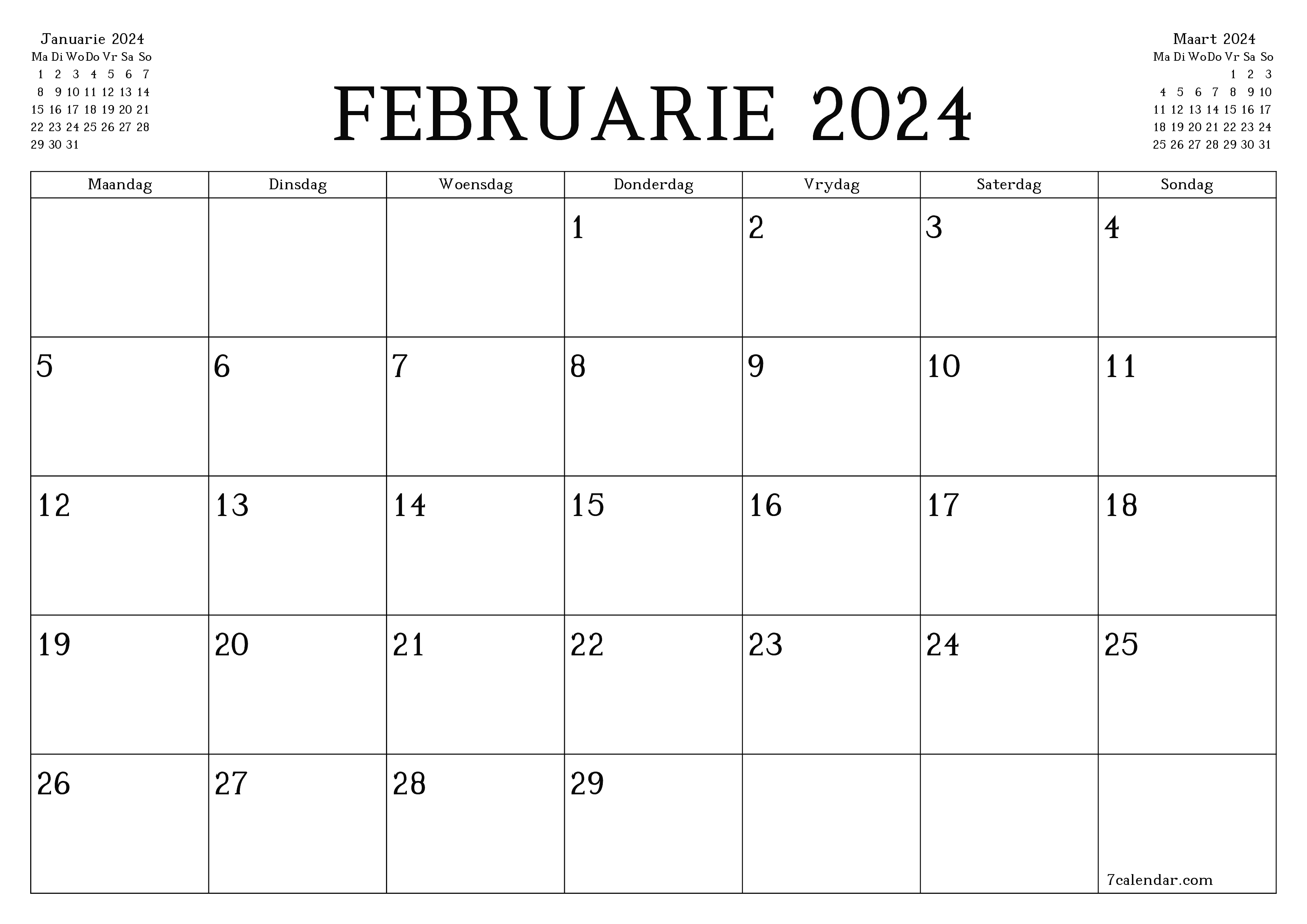 Leë maandelikse drukbare kalender en beplanner vir maand Februarie 2024 met notas stoor en druk na PDF PNG Afrikaans