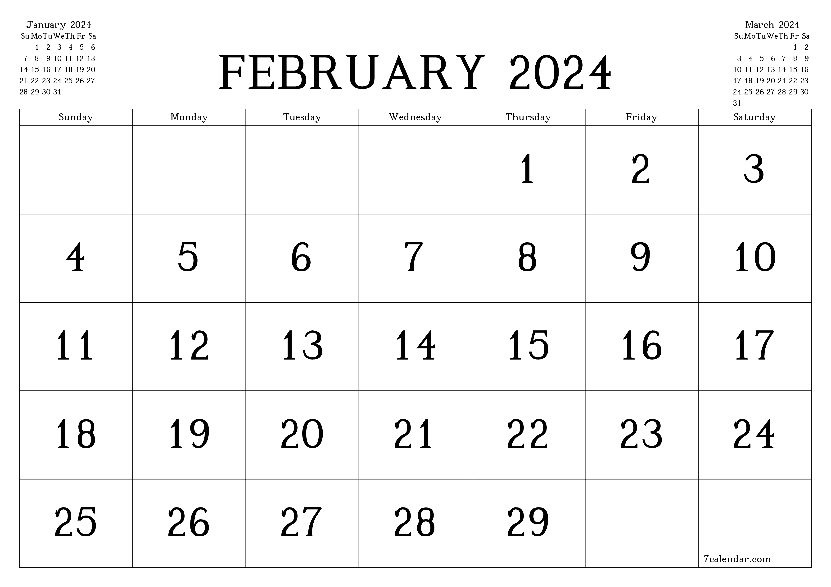 printable wall template free horizontal Monthly calendar February (Feb) 2024