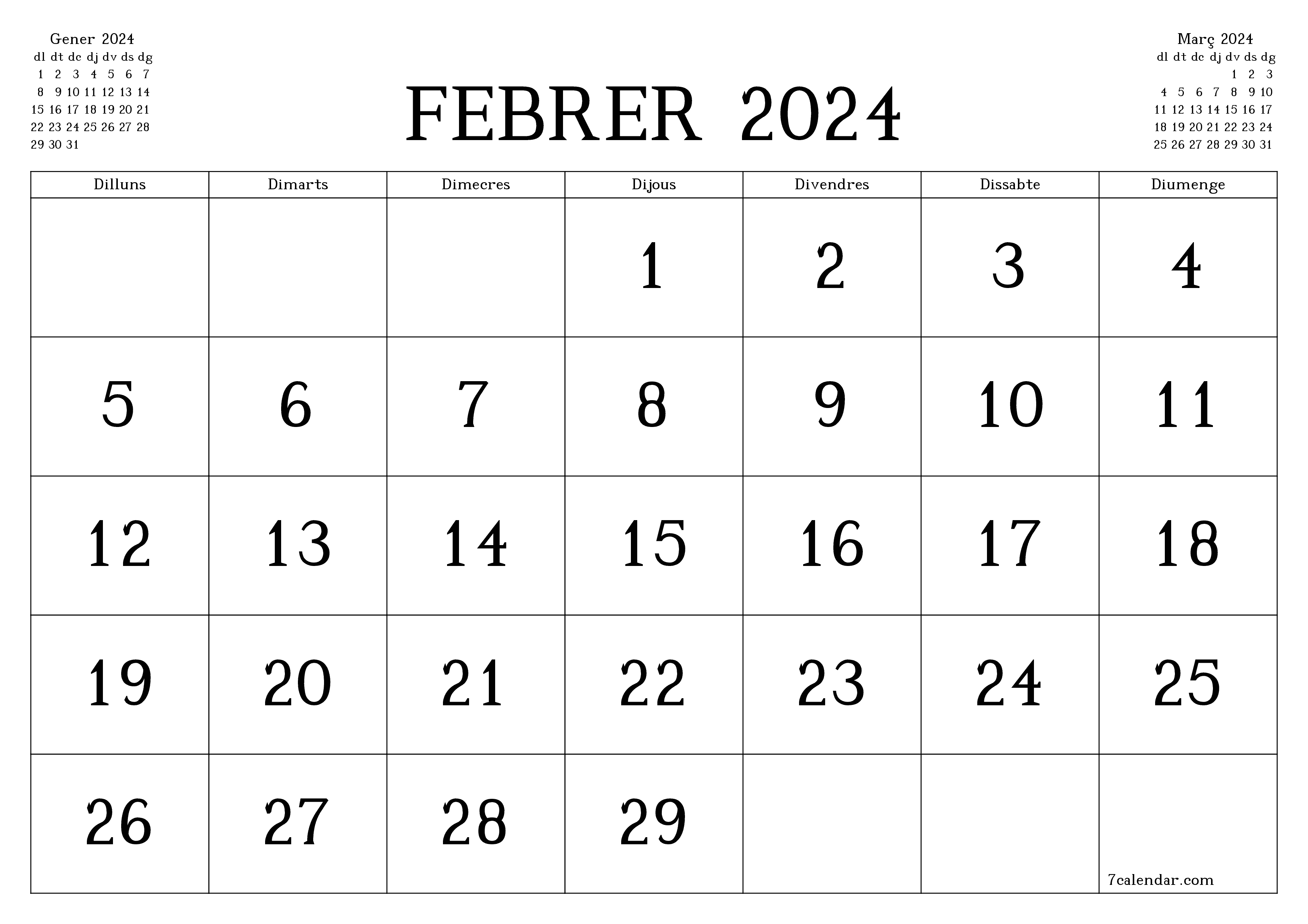 Planificador mensual buit del mes Febrer 2024 amb notes, deseu-lo i imprimiu-lo en format PDF PNG Catalan