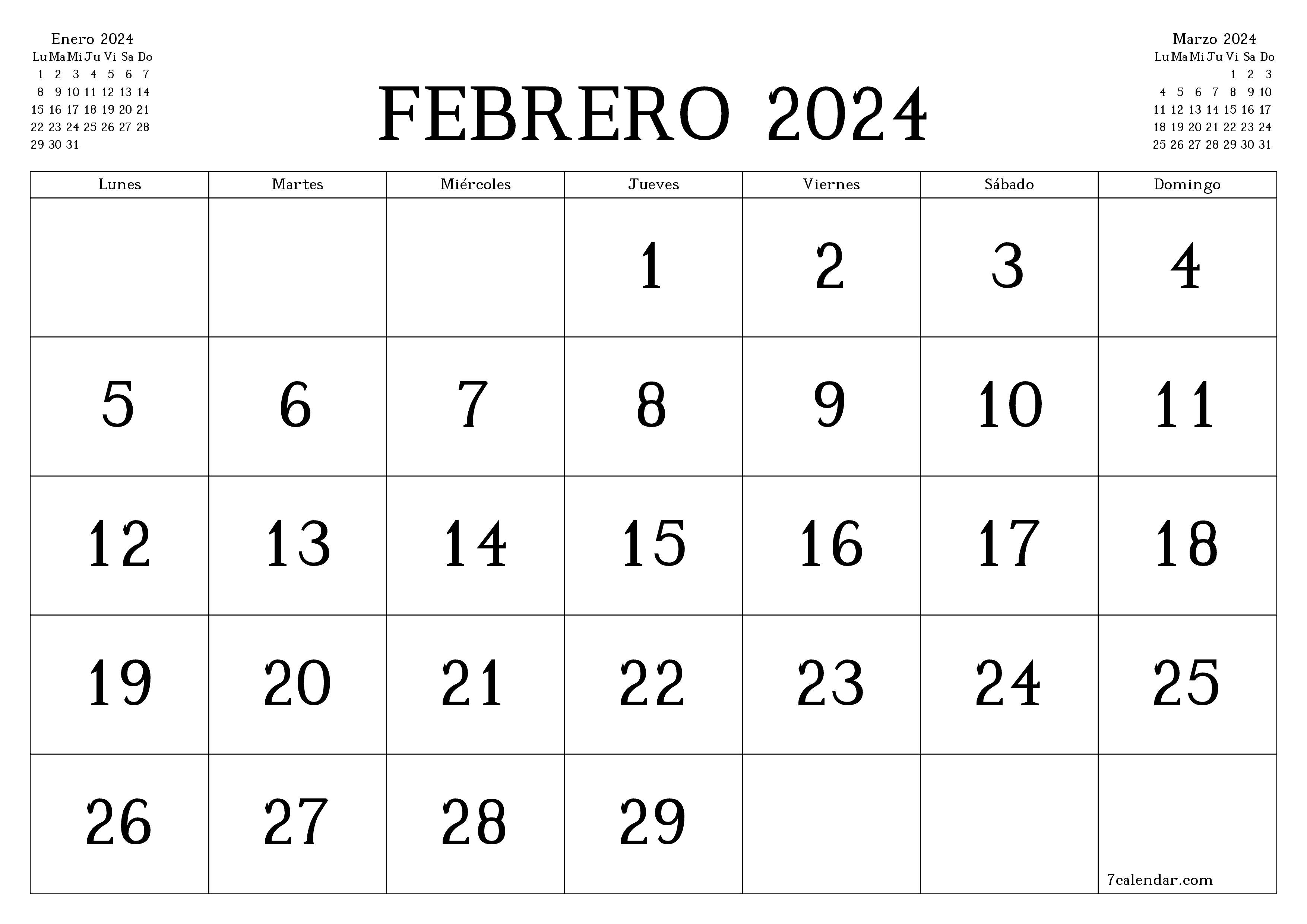 Planificador mensual vacío para el mes Febrero 2024 con notas, guardar e imprimir en PDF PNG Spanish