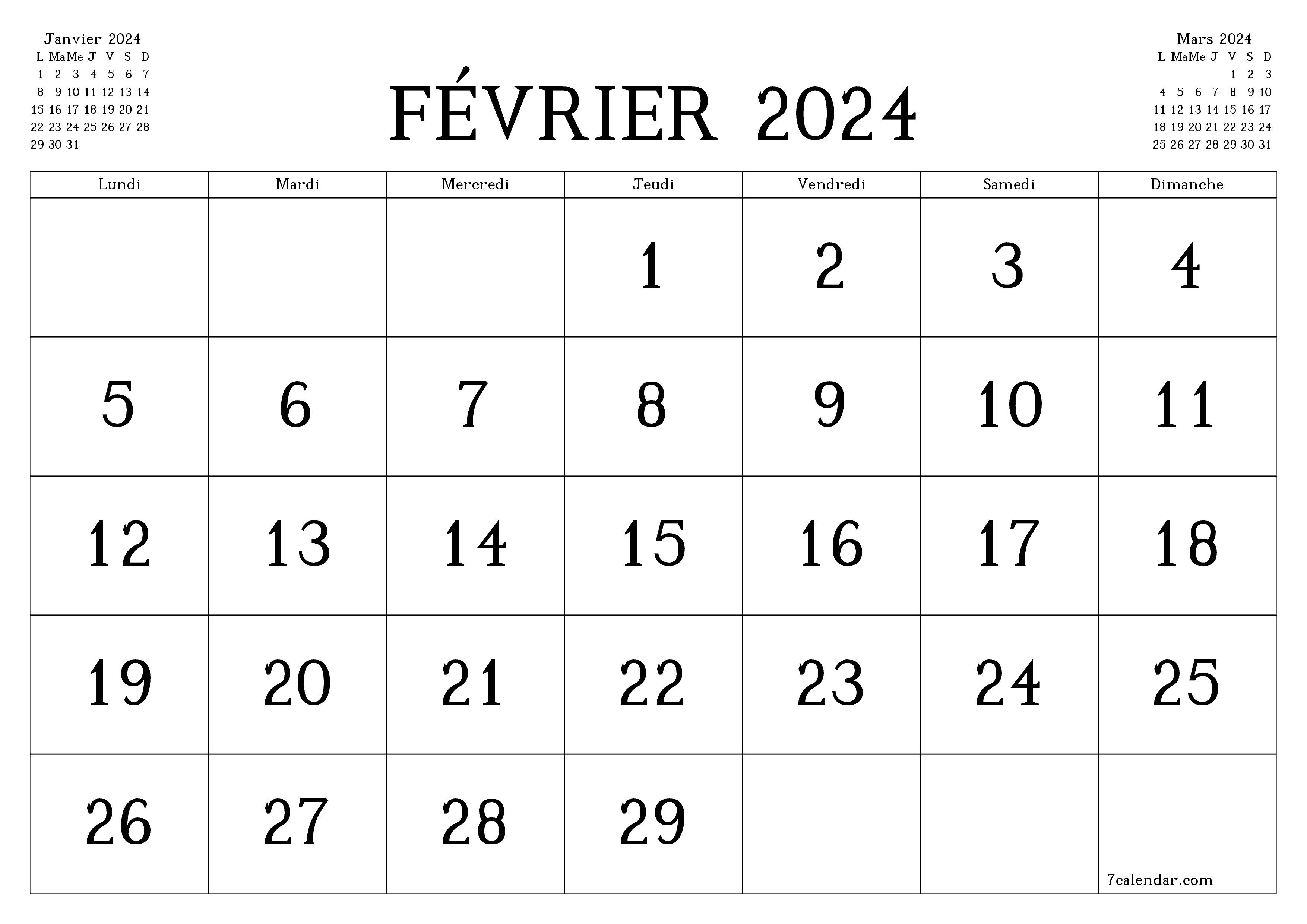 Agenda mensuel vide pour le mois Février 2024 avec notes, enregistrez et imprimez au format PDF PNG French