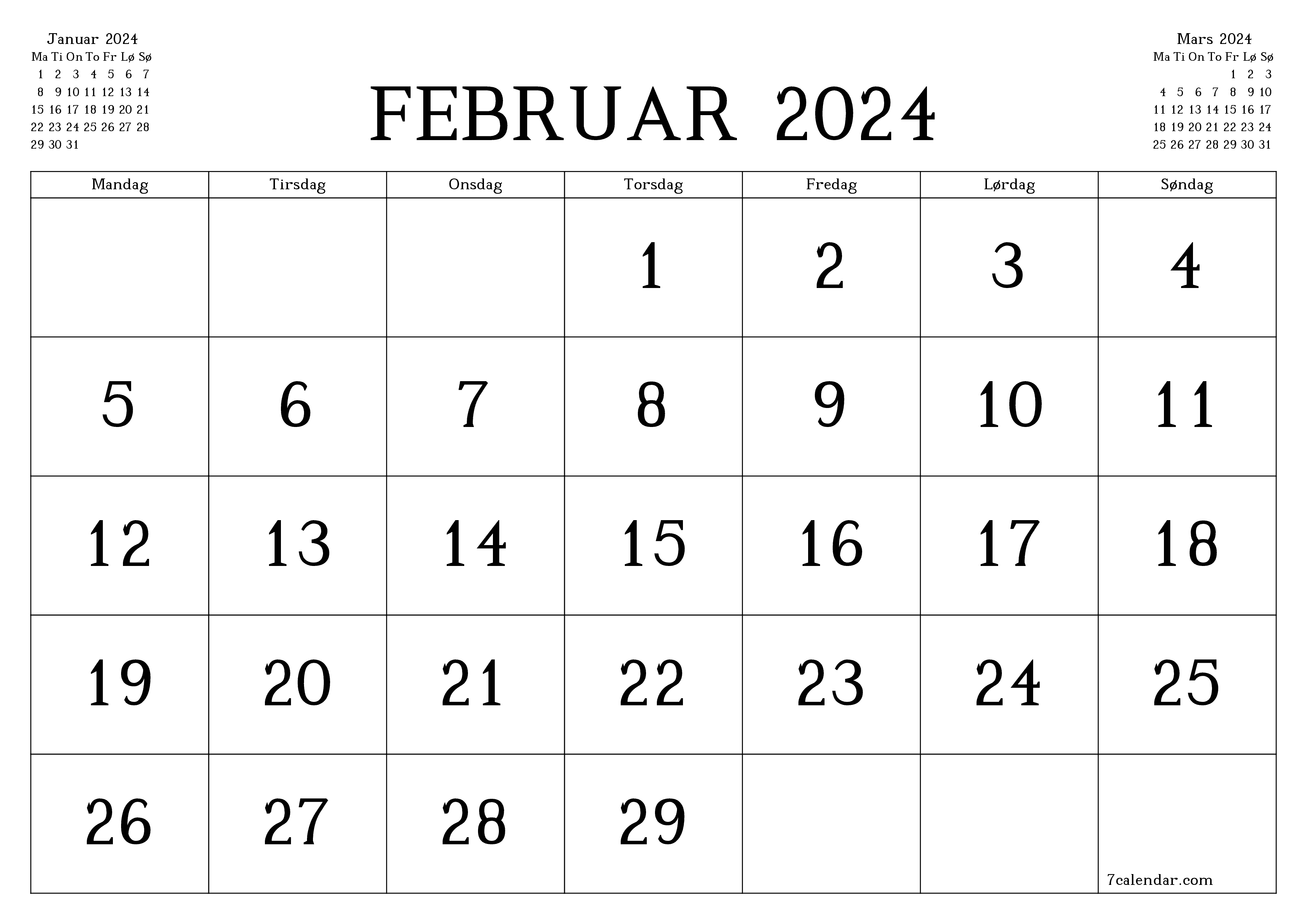 Tom månedlig planlegger for måned Februar 2024 med notater, lagre og skriv ut til PDF PNG Norwegian