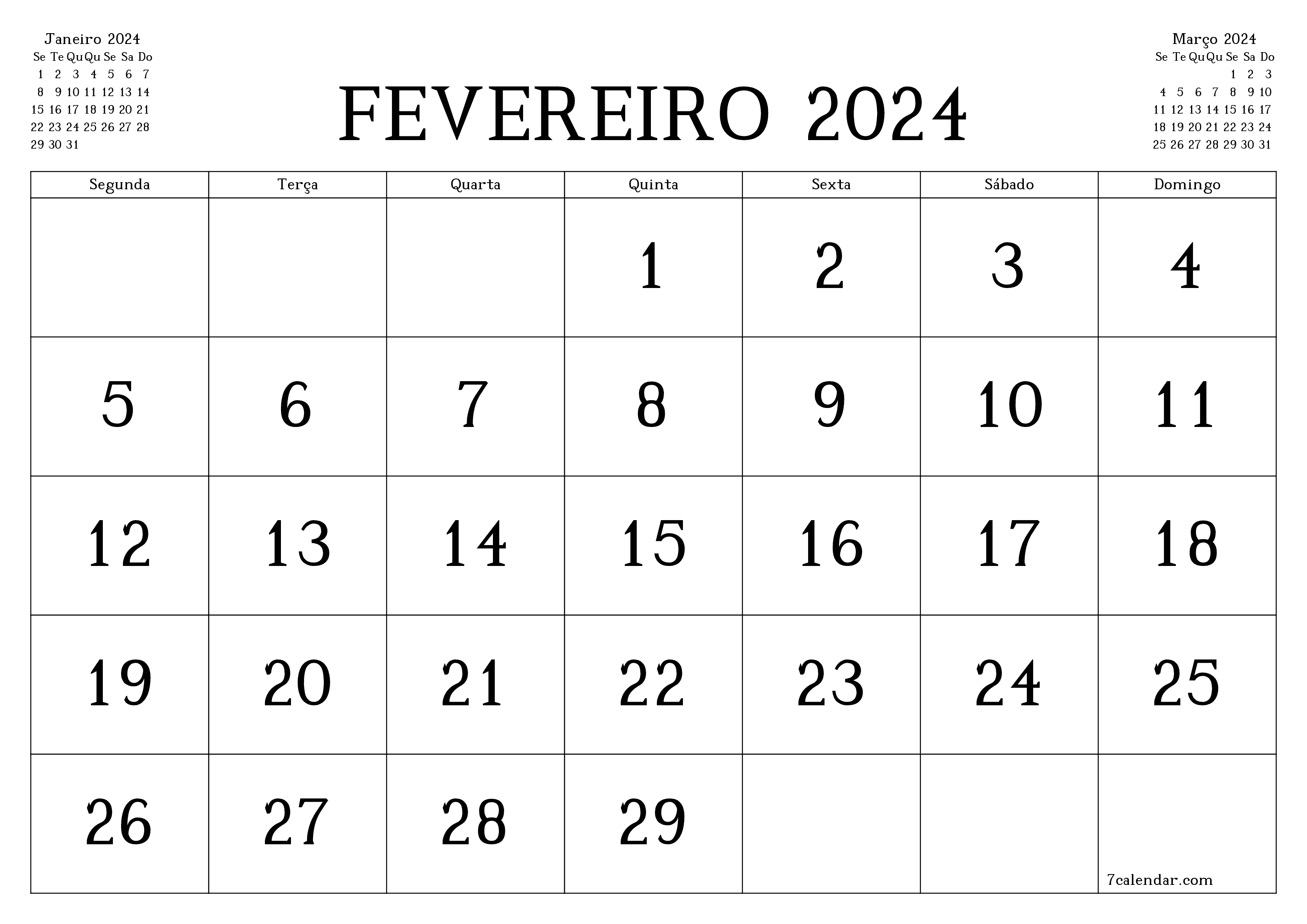 Esvazie o planejador mensal para o mês Fevereiro 2024 com notas, salve e imprima em PDF PNG Portuguese