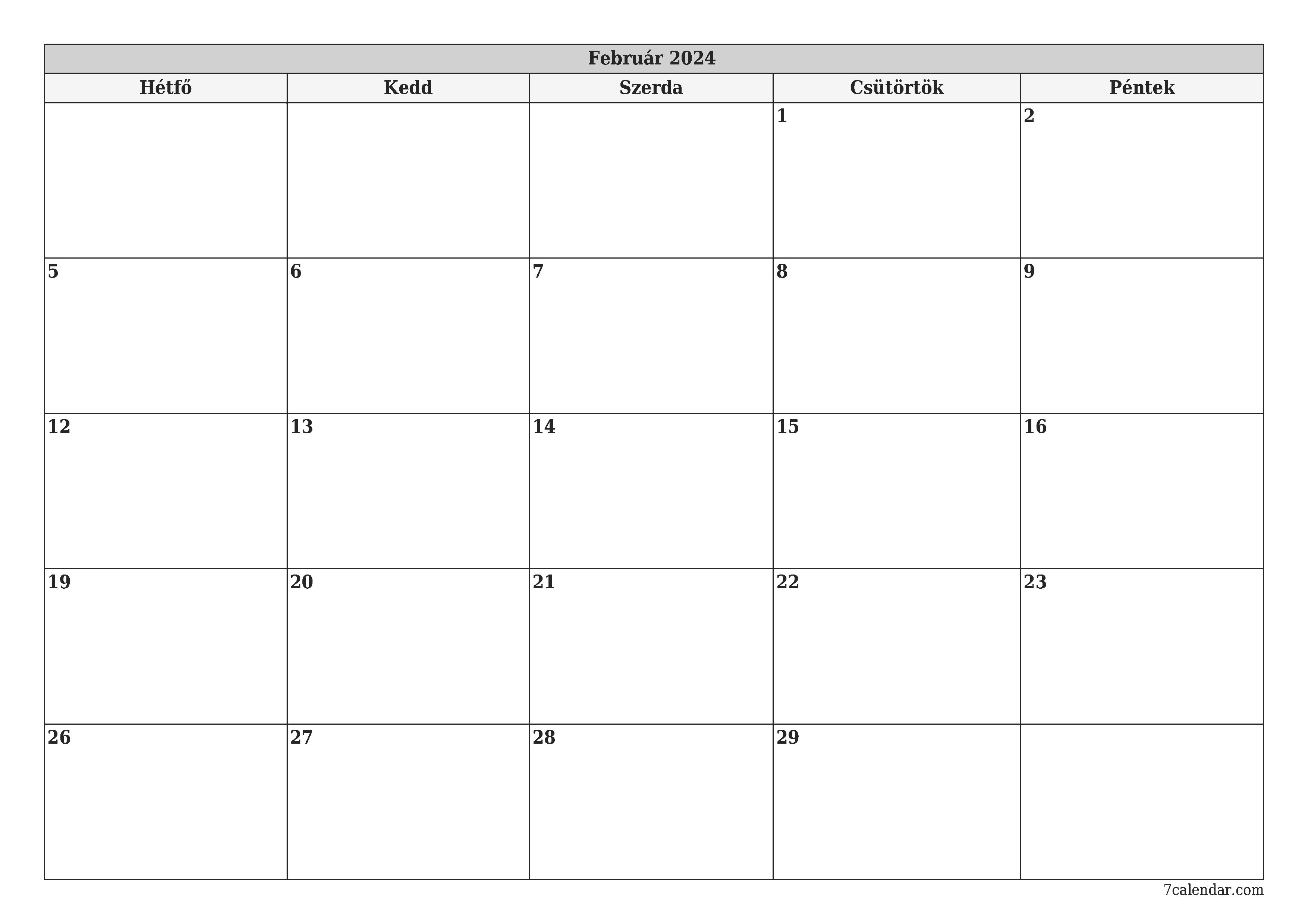 nyomtatható fali sablon ingyenes vízszintes Havi tervező naptár Február (Feb) 2024