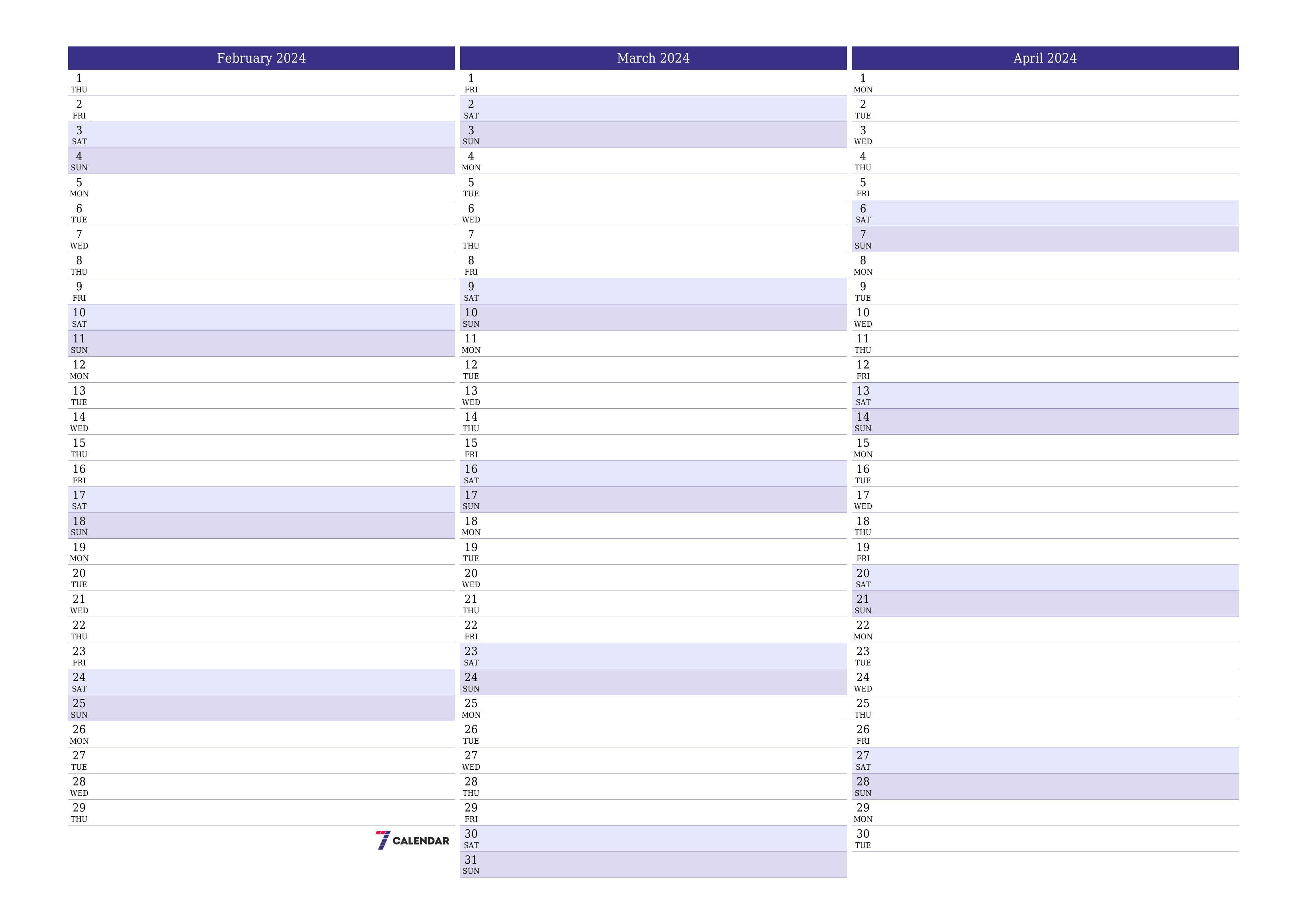 Blank calendar February 2024