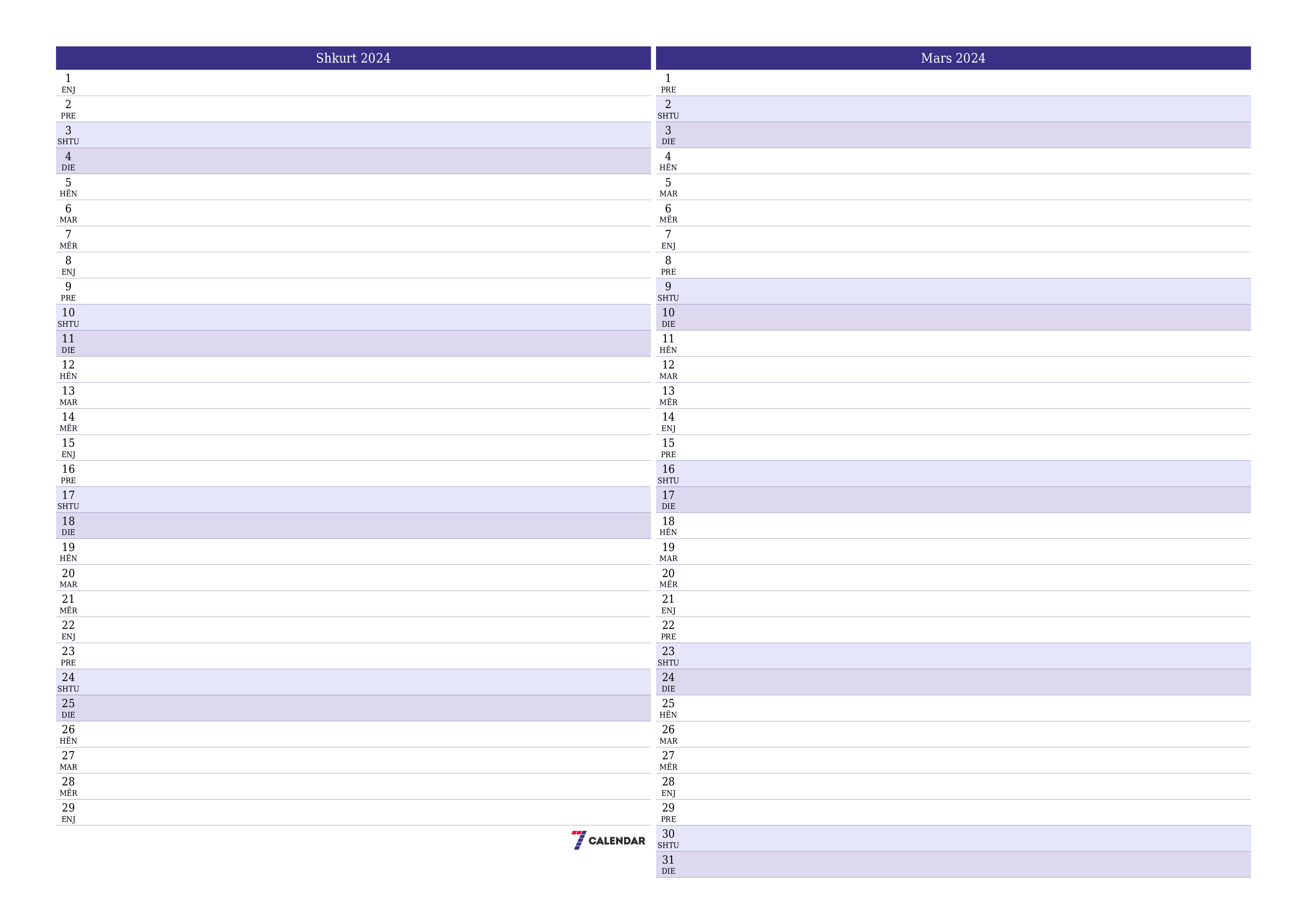 Planifikuesi i zbrazët i kalendarit mujor për muajin Shkurt 2024 me shënime të ruajtura dhe të printuara në PDF PNG Albanian