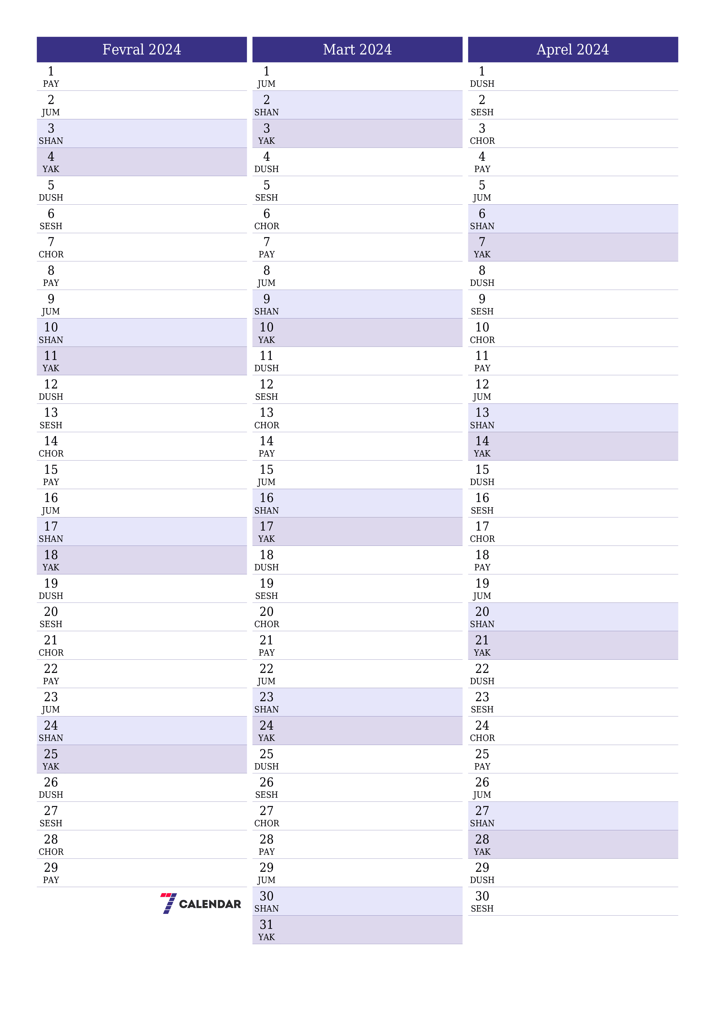 Fevral 2024 oylik oylik rejalashtiruvchini yozuvlar bilan bo'shatish, saqlash va PDF-ga chop etish PNG Uzbek