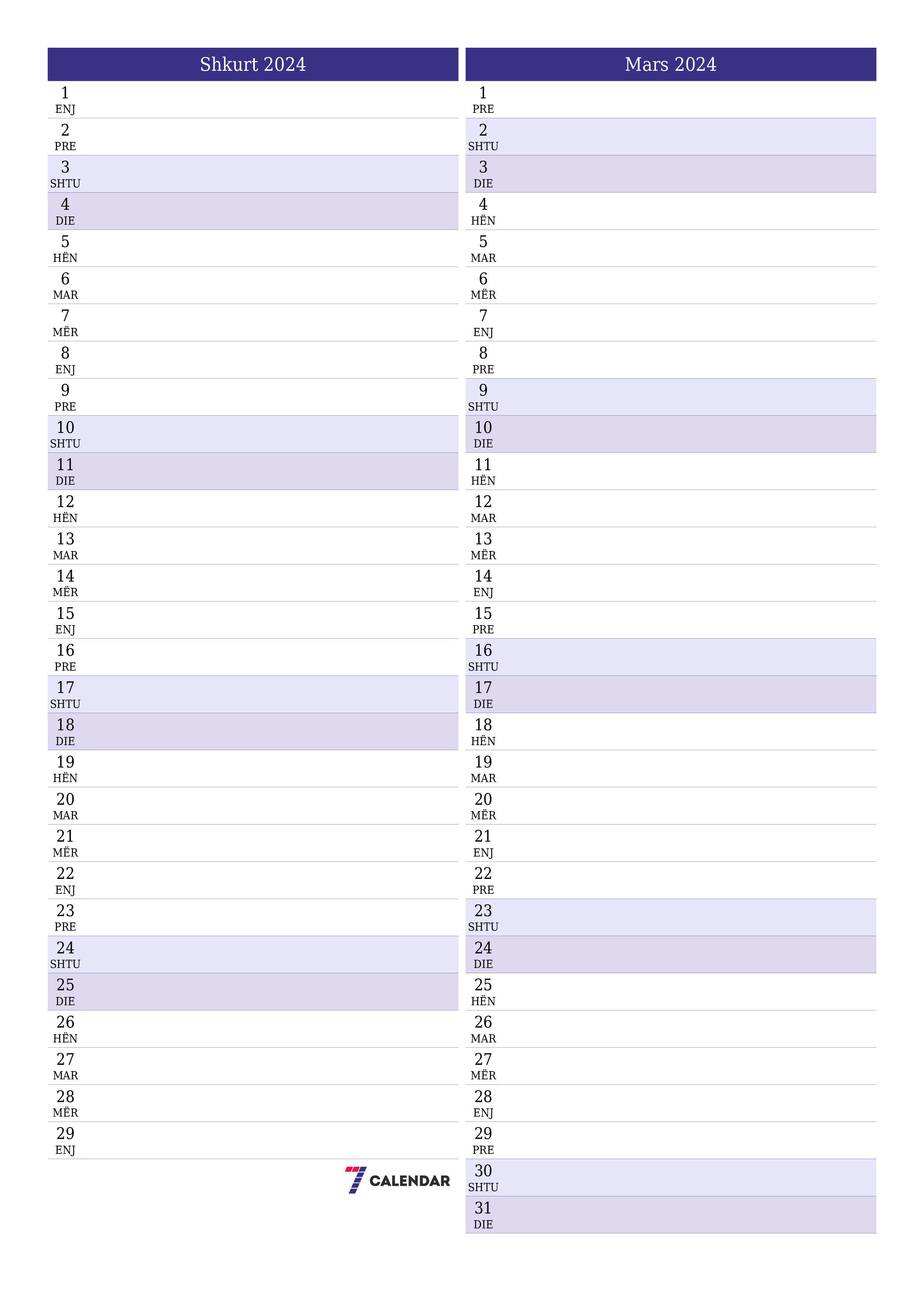 Planifikuesi i zbrazët i kalendarit mujor për muajin Shkurt 2024 me shënime të ruajtura dhe të printuara në PDF PNG Albanian