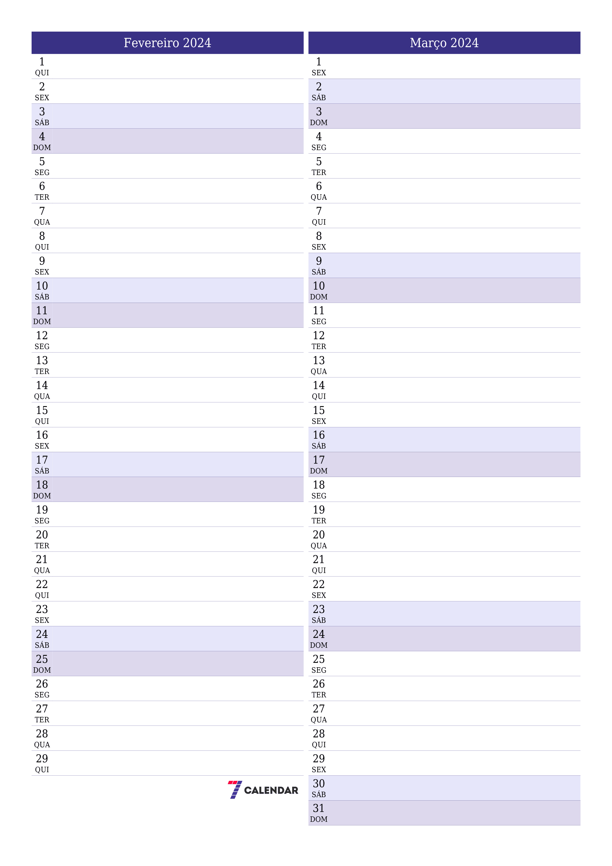  para impressão de parede modelo de grátisvertical Mensal planejador calendário Fevereiro (Fev) 2024