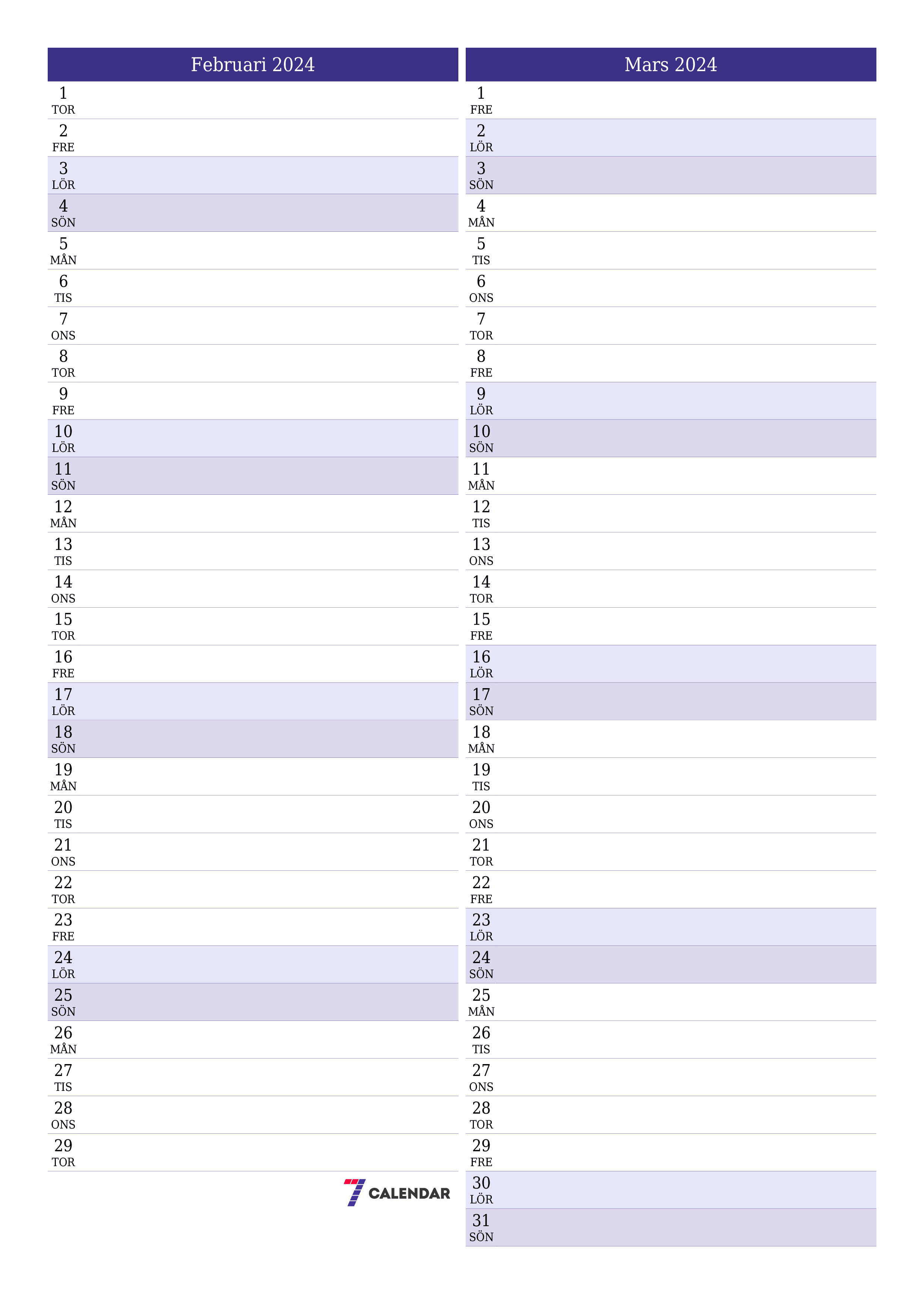 Tom månadsplanerare för månad Februari 2024 med anteckningar, spara och skriv ut till PDF PNG Swedish