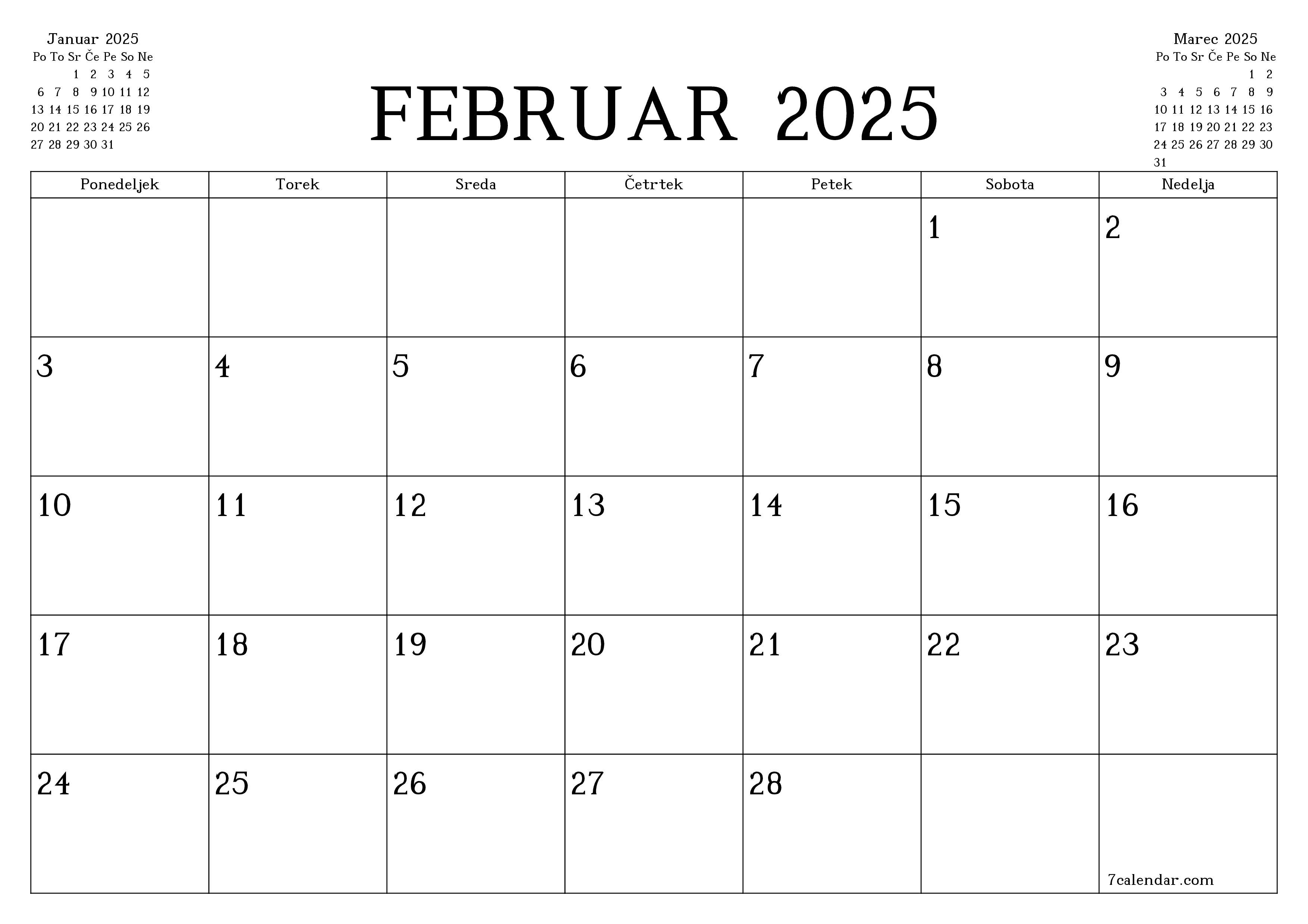Prazen mesečni načrtovalec koledarja za mesec Februar 2025 z opombami, natisnjenimi v PDF PNG Slovenian
