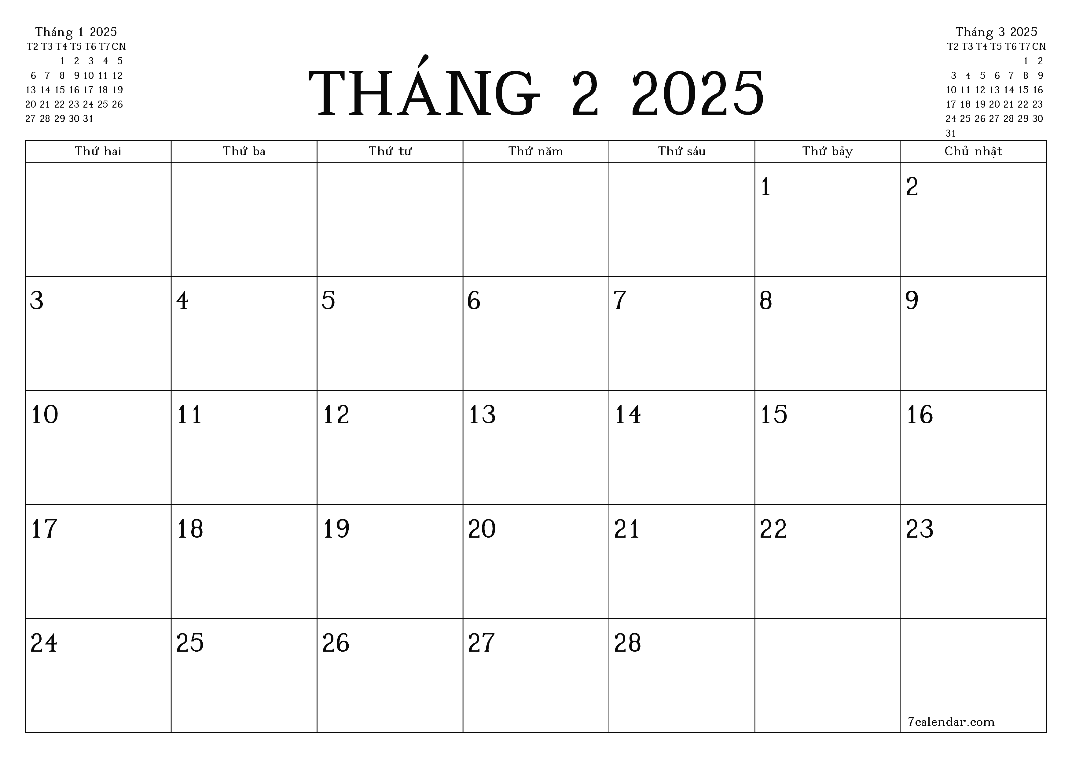 Công cụ lập kế hoạch hàng tháng trống cho tháng Tháng 2 2025 có ghi chú, lưu và in sang PDF PNG Vietnamese