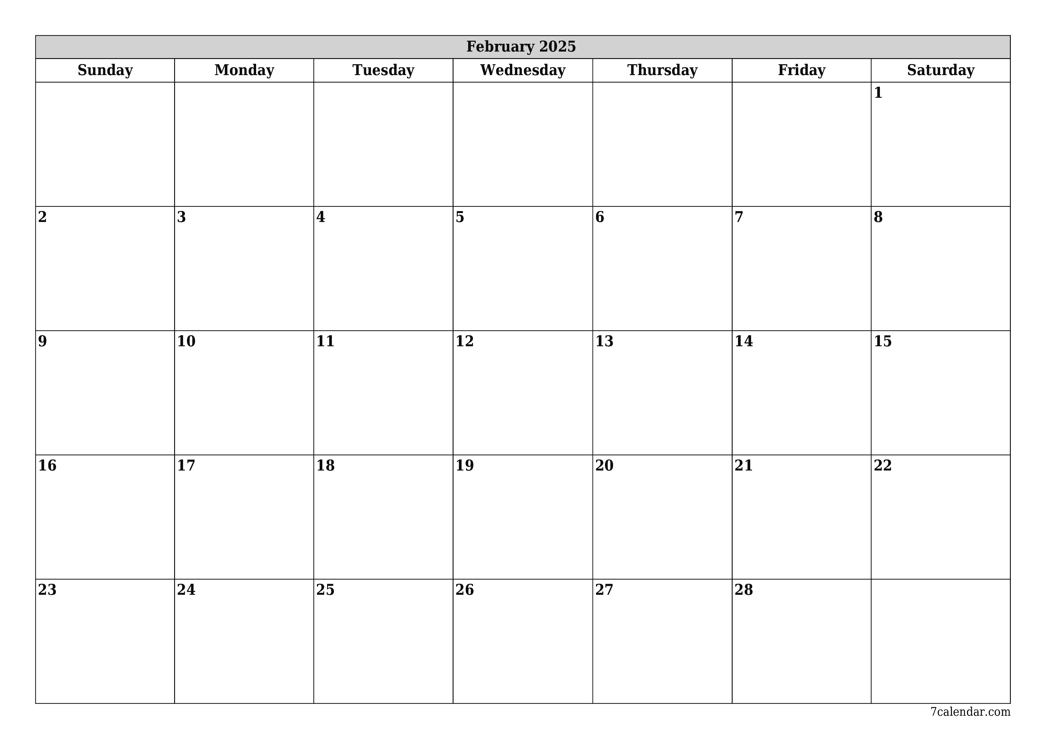 Blank monthly printable calendar and planner for month February 2025 with notes save and print to PDF PNG English