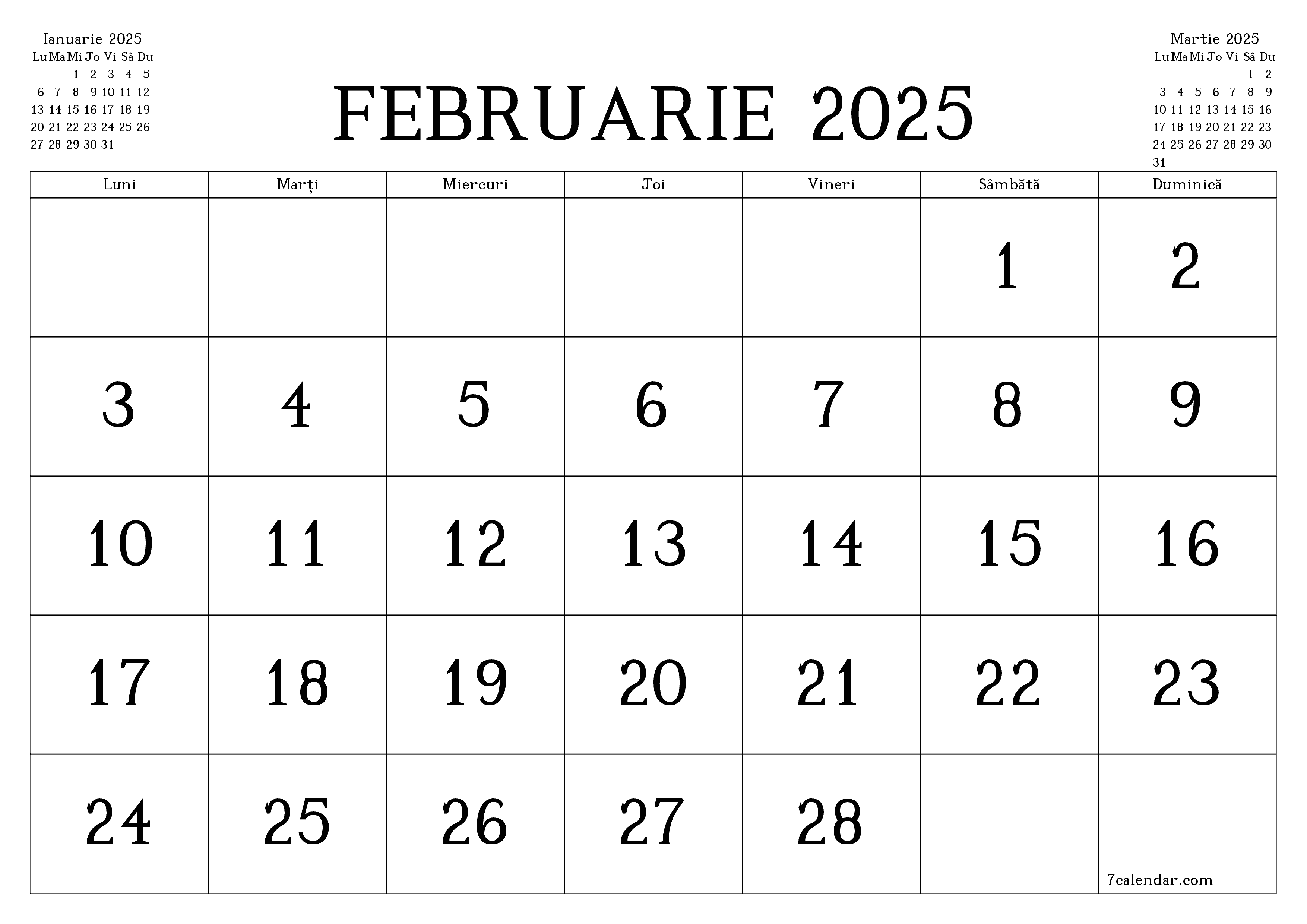 Planificator lunar gol pentru luna Februarie 2025 cu note, salvați și tipăriți în PDF PNG Romanian