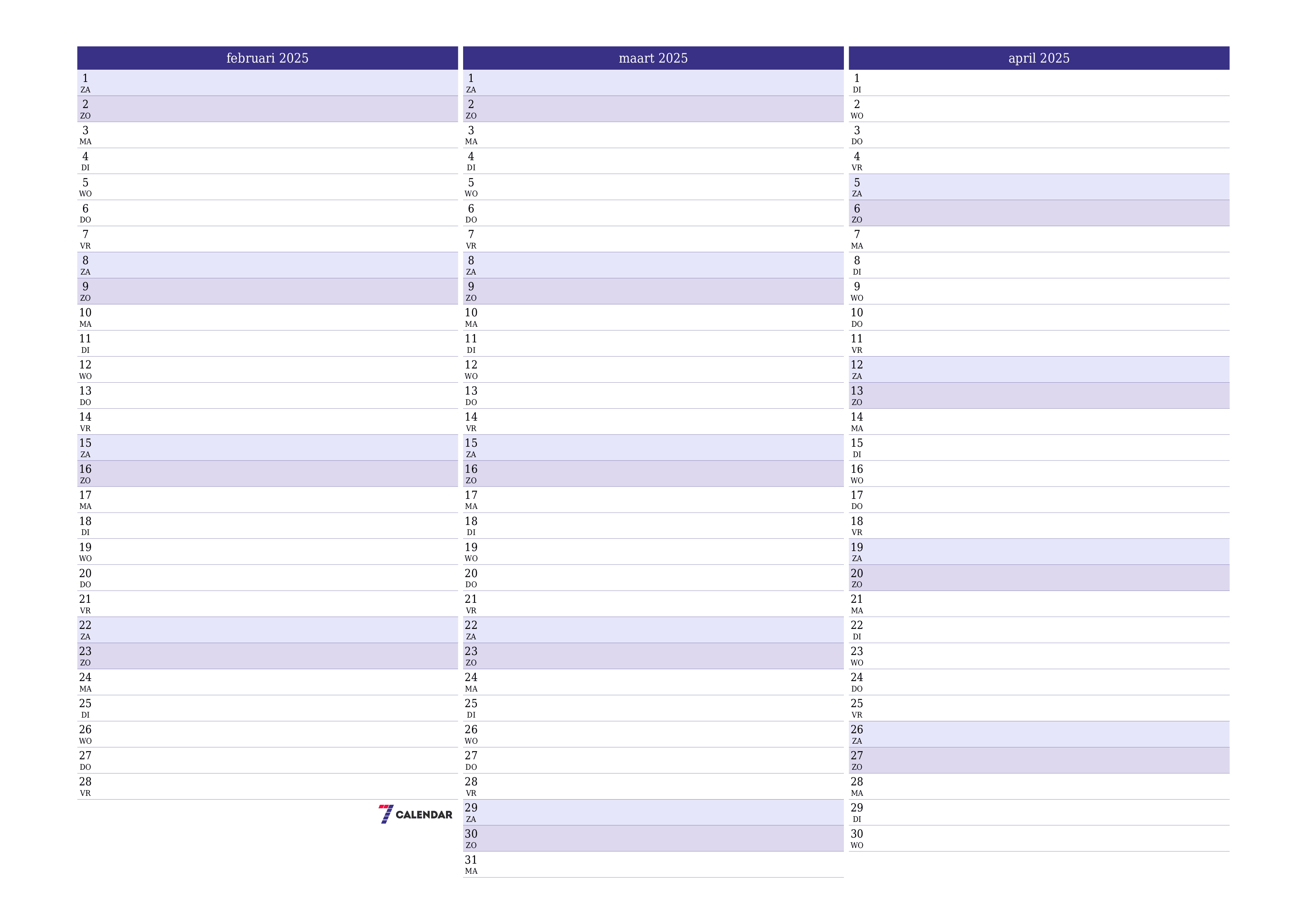 Lege maandplanner voor maand februari 2025 met notities, opslaan en afdrukken naar pdf PNG Dutch