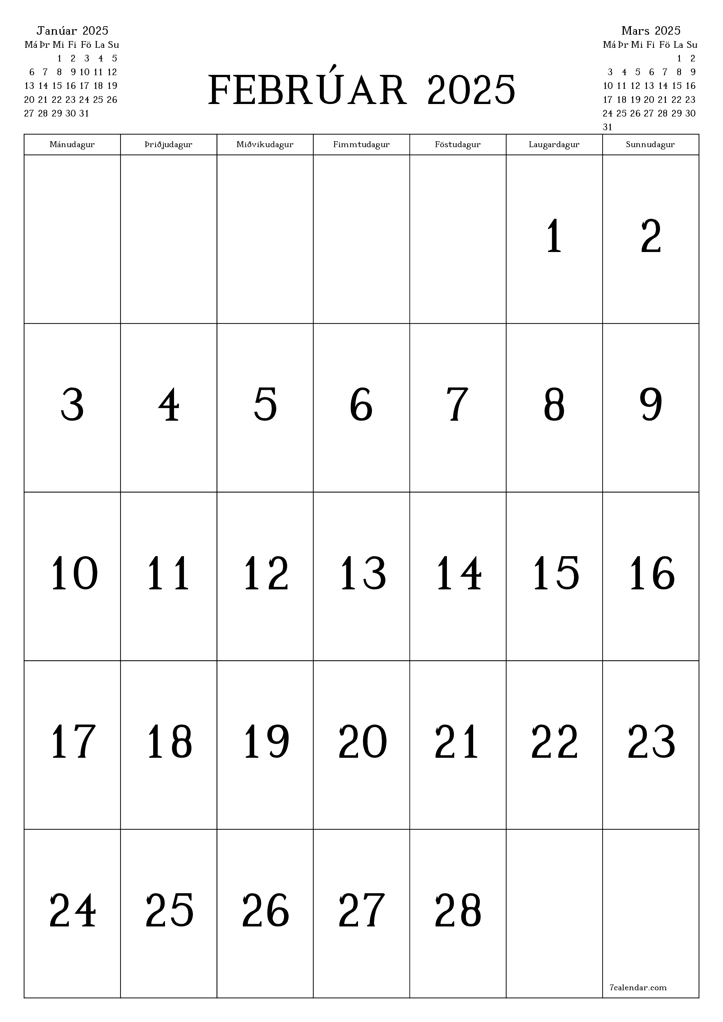 Tómur mánaðarlegur skipuleggjandi fyrir mánuðinn Febrúar 2025 með athugasemdum, vista og prenta á PDF PNG Icelandic