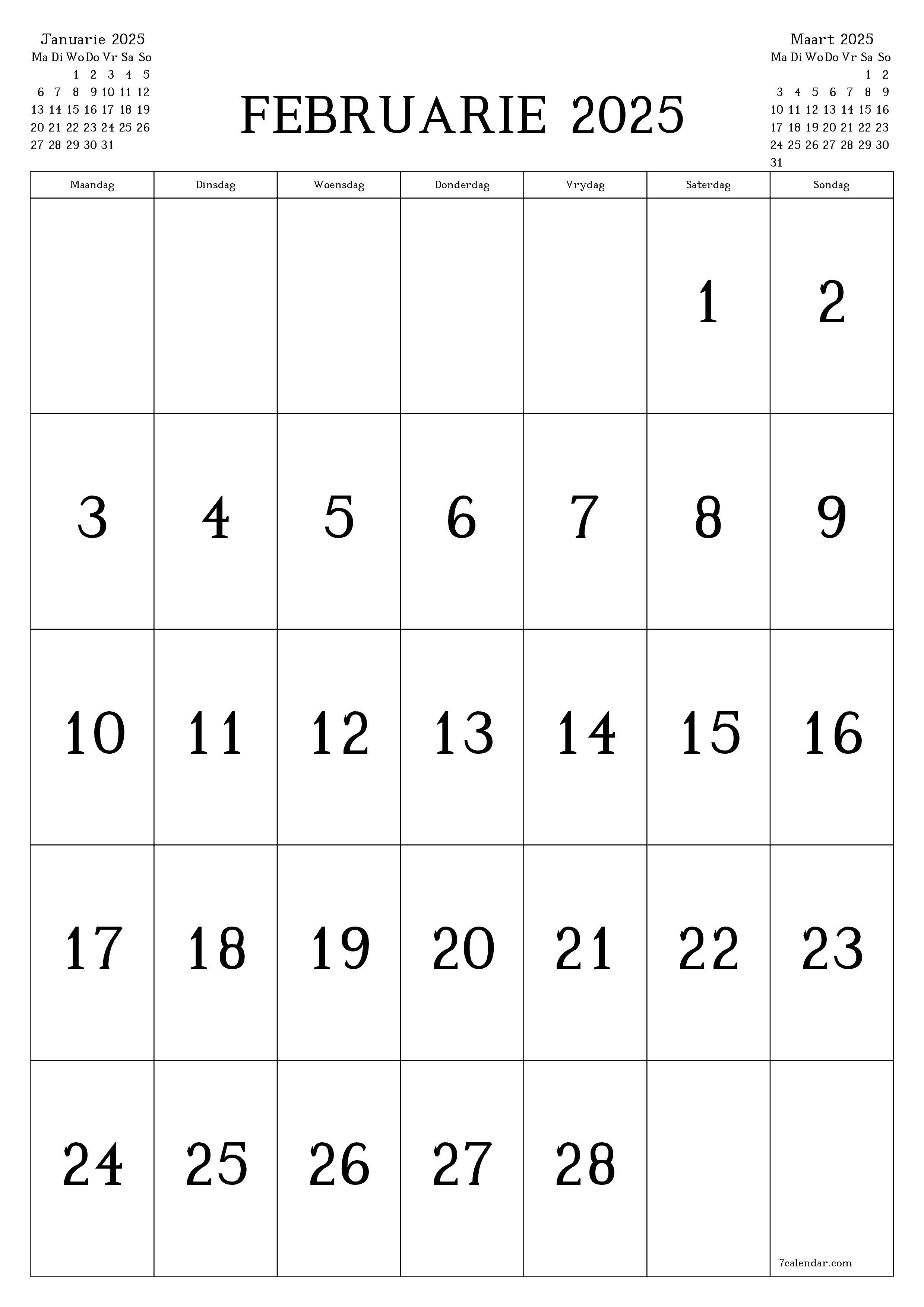 Leë maandelikse drukbare kalender en beplanner vir maand Februarie 2025 met notas stoor en druk na PDF PNG Afrikaans