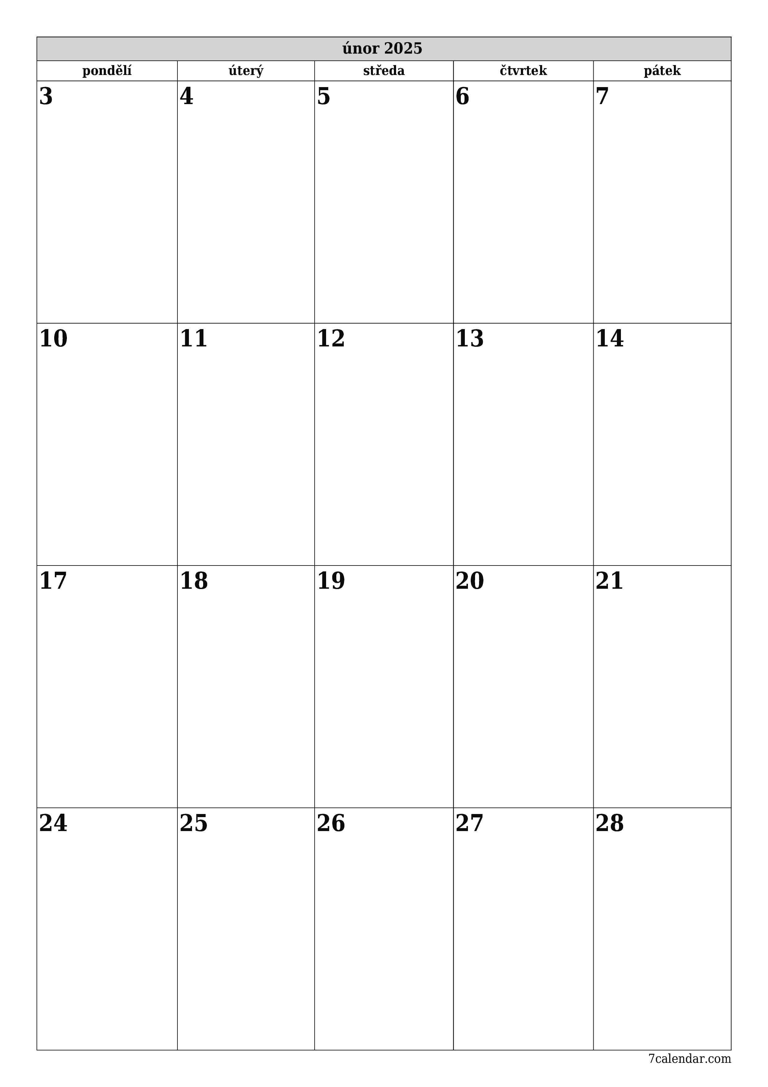  pro tisk nástěnný šablona e zdarmavertikální Měsíční plánovač kalendář únor (úno) 2025