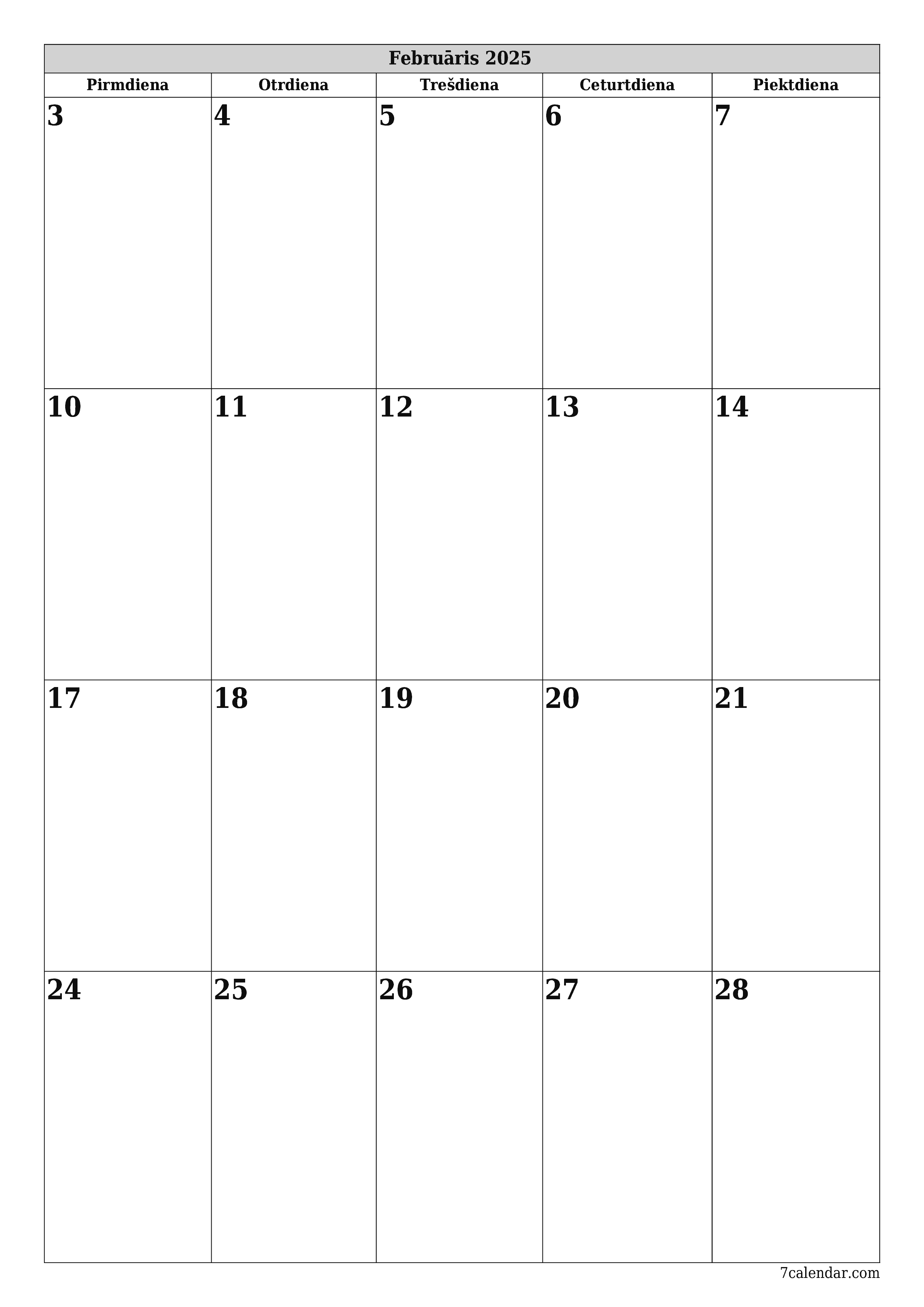 izdrukājams sienas kalendāra veidne bezmaksas vertikāli Mēneša plānotājs kalendārs Februāris (Feb) 2025