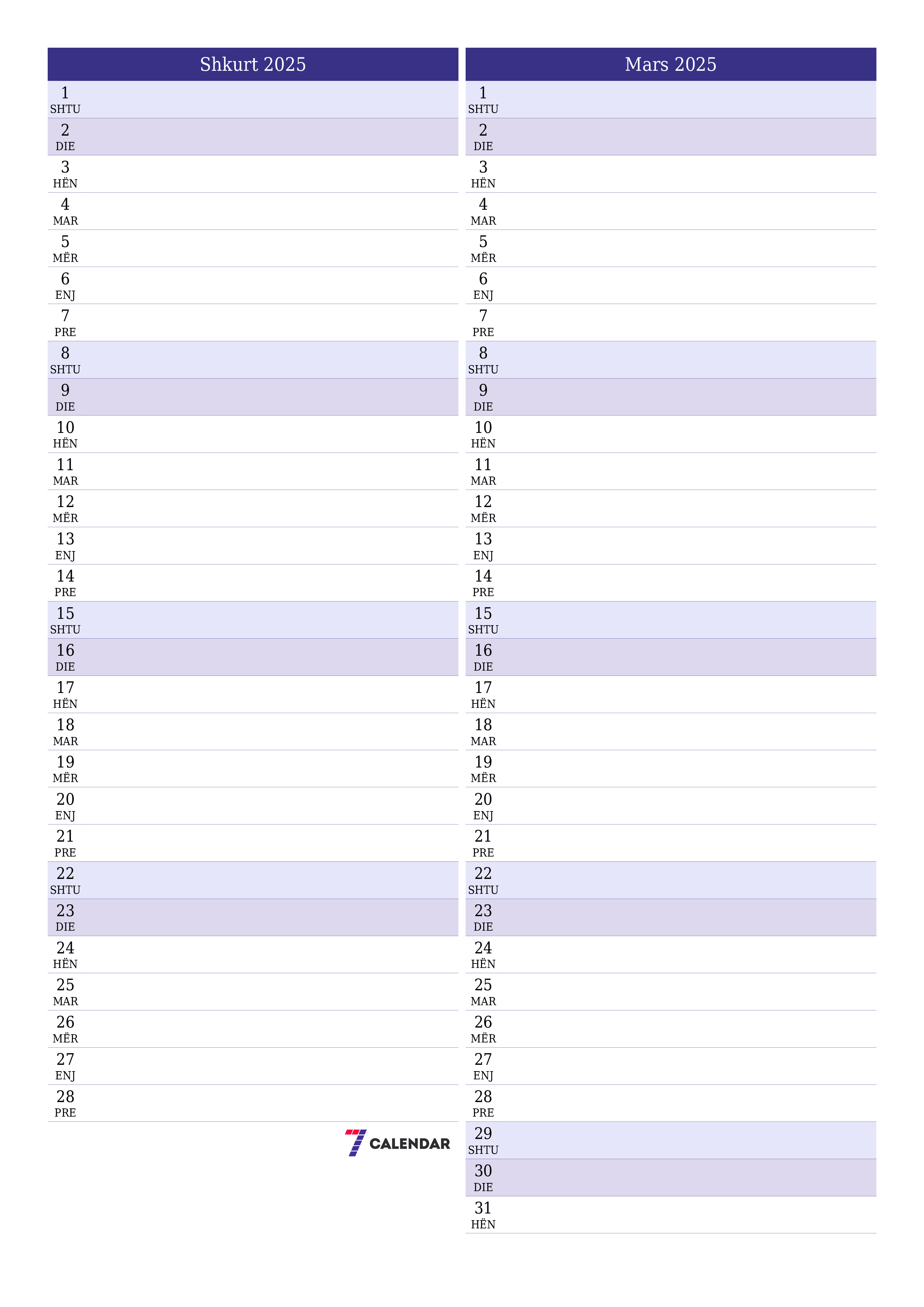 Planifikuesi i zbrazët i kalendarit mujor për muajin Shkurt 2025 me shënime të ruajtura dhe të printuara në PDF PNG Albanian