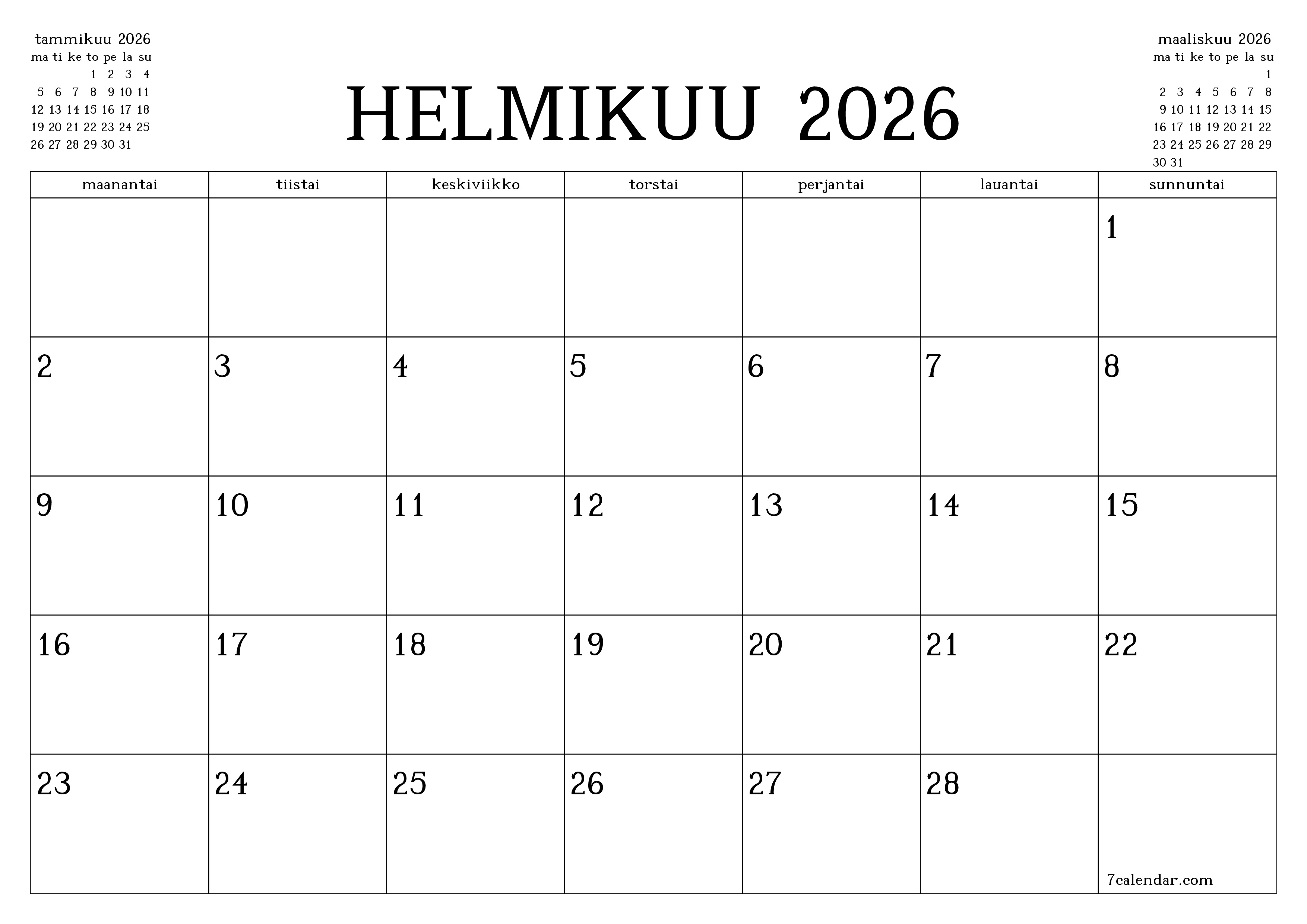 Tyhjennä kuukausittainen suunnittelija kuukaudelle helmikuu 2026 muistiinpanoilla, tallenna ja tulosta PDF-muotoon PNG Finnish