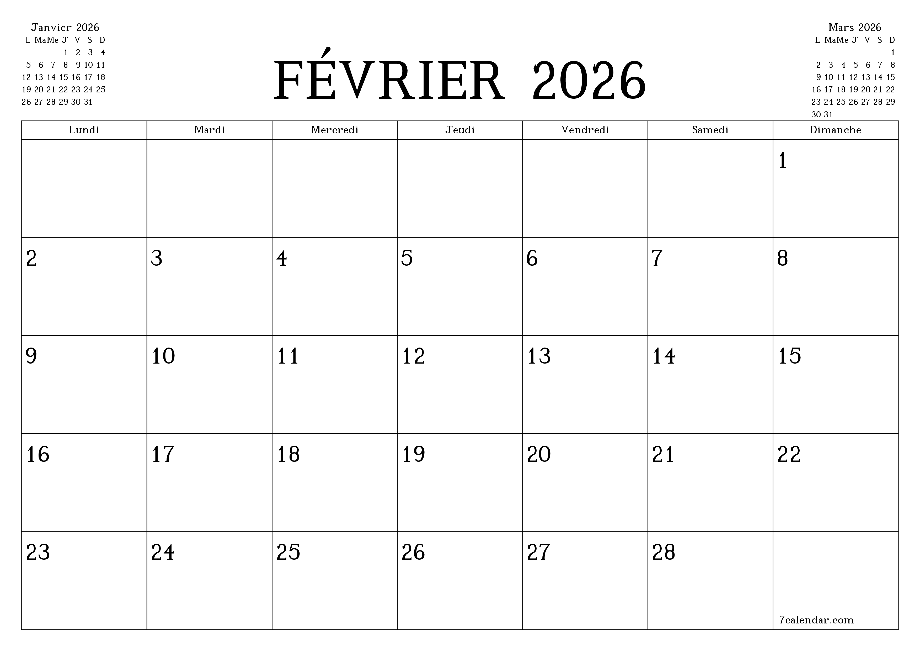 Agenda mensuel vide pour le mois Février 2026 avec notes, enregistrez et imprimez au format PDF PNG French