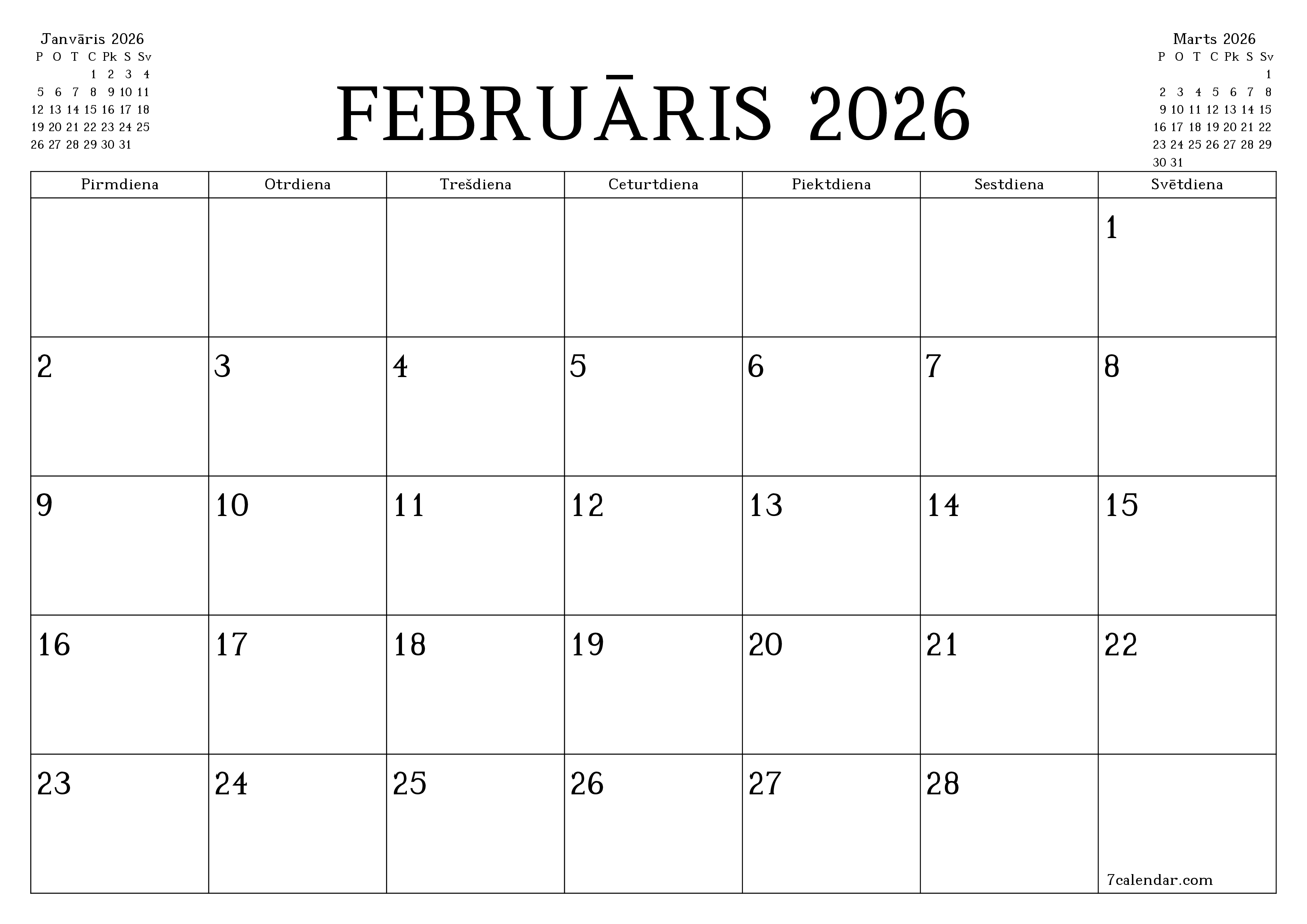 Iztukšot mēneša plānotāju mēnesim Februāris 2026 ar piezīmēm, saglabāt un izdrukāt PDF formātā PNG Latvian