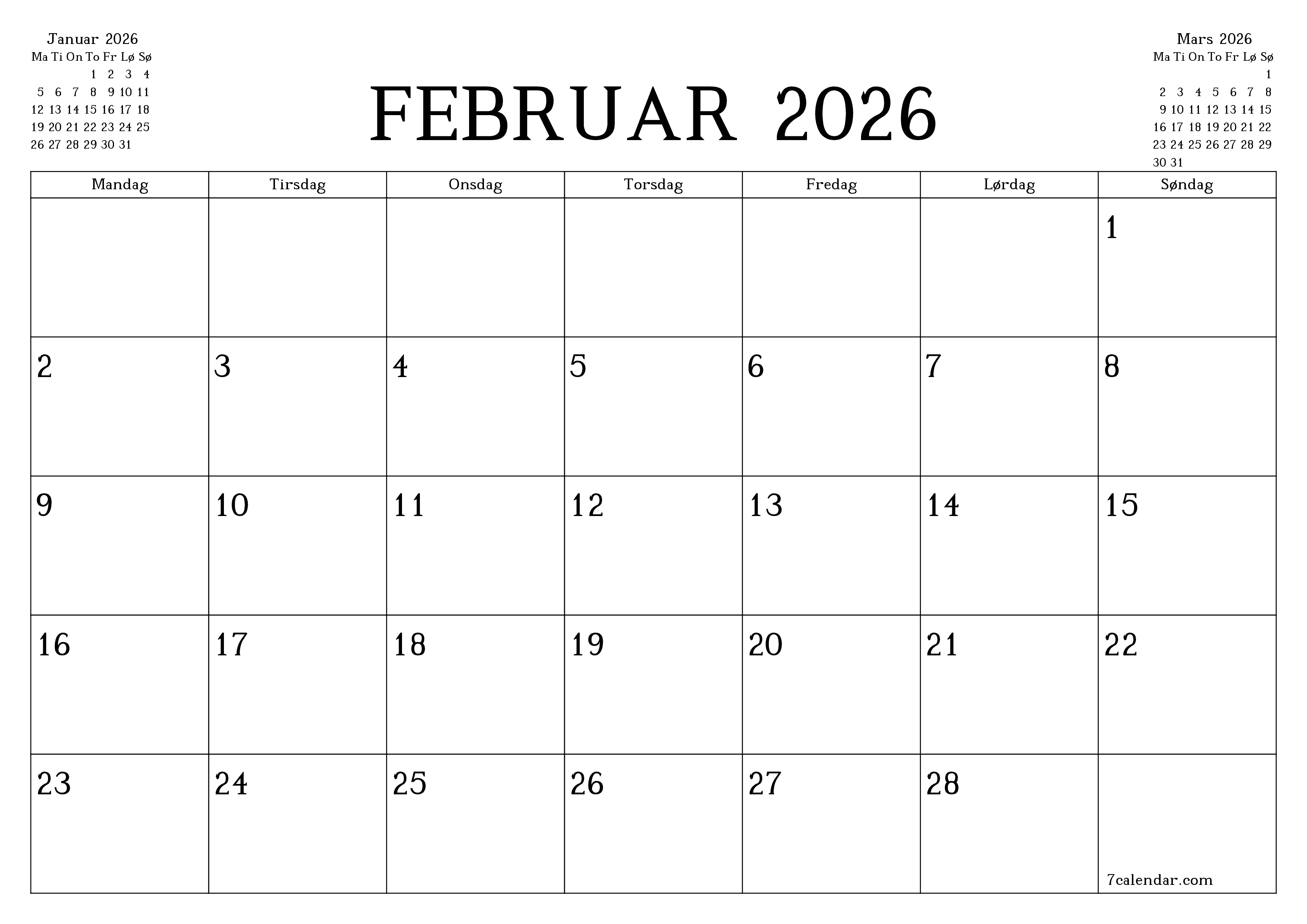 Tom månedlig planlegger for måned Februar 2026 med notater, lagre og skriv ut til PDF PNG Norwegian